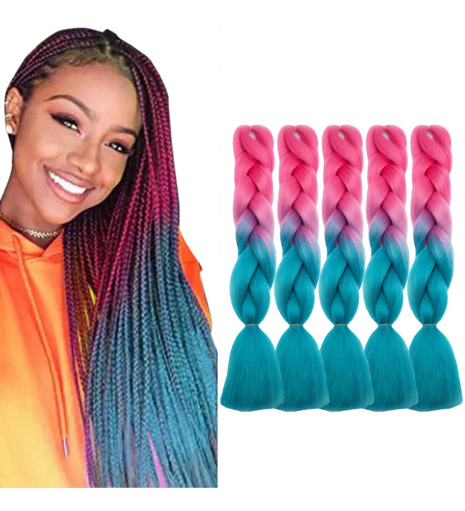 Tess Braids Extensions 60 cm - 5 Pack Jumbo Kanecalon Ombre Blue & Pink Hair Braids for Box Braids - 100g Bundle - Buy Online on GoSupps.com