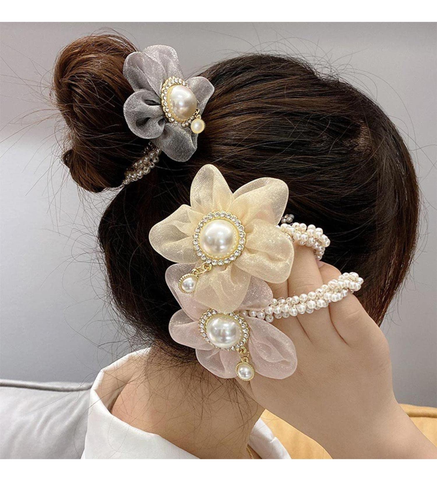 Brinie Pearl Flower Hair Ties - Pack of 3 Beige Hair Scrunchies for Women and Girls - Buy Online on GoSupps.com