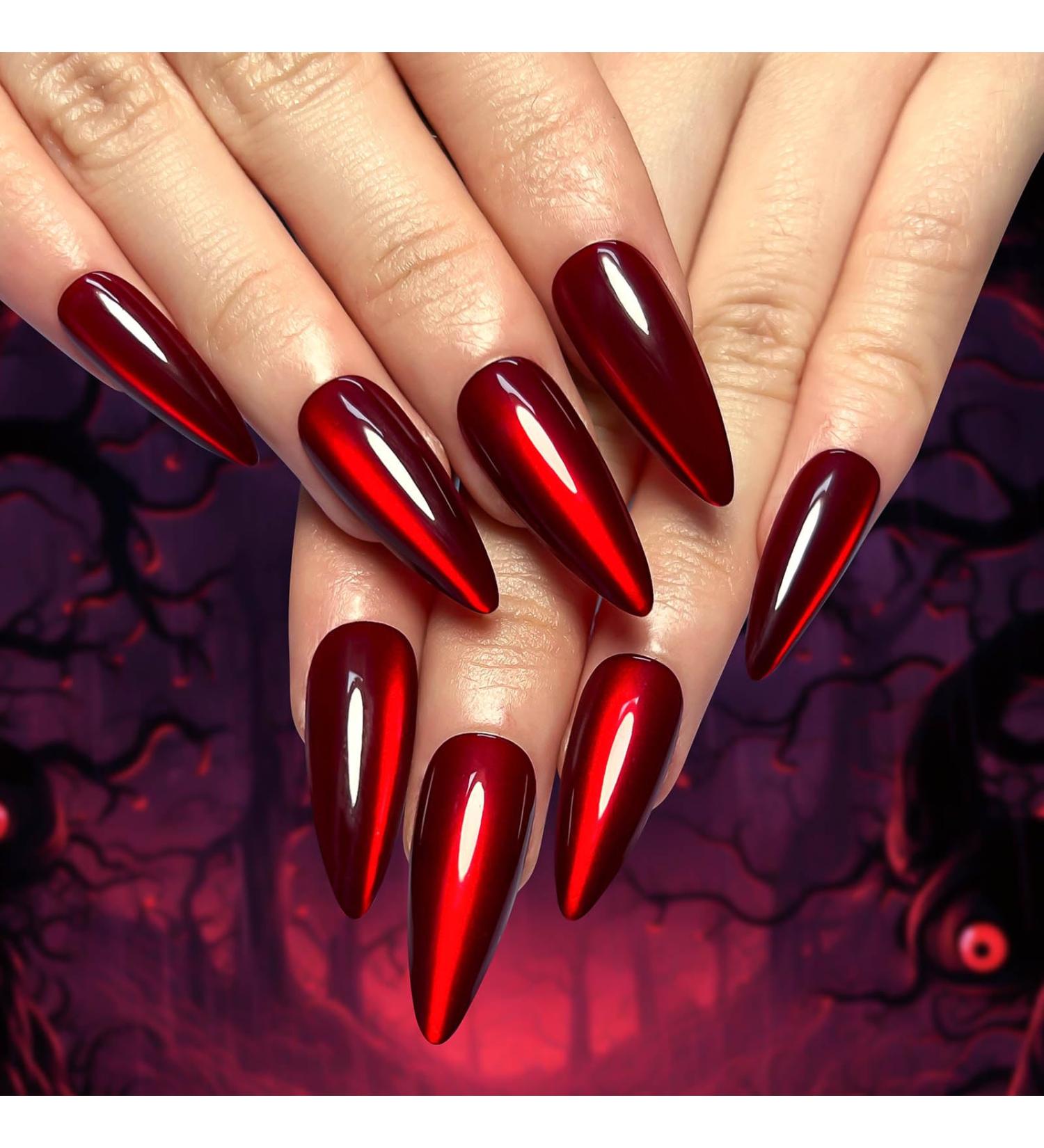 30 Pcs Halloween Press on Nails - Red Long Stiletto Fake Nails with Cat's Eye Design | Stick on Almond Style for Women | Perfect Holiday Nail Art - Buy Online on GoSupps.com