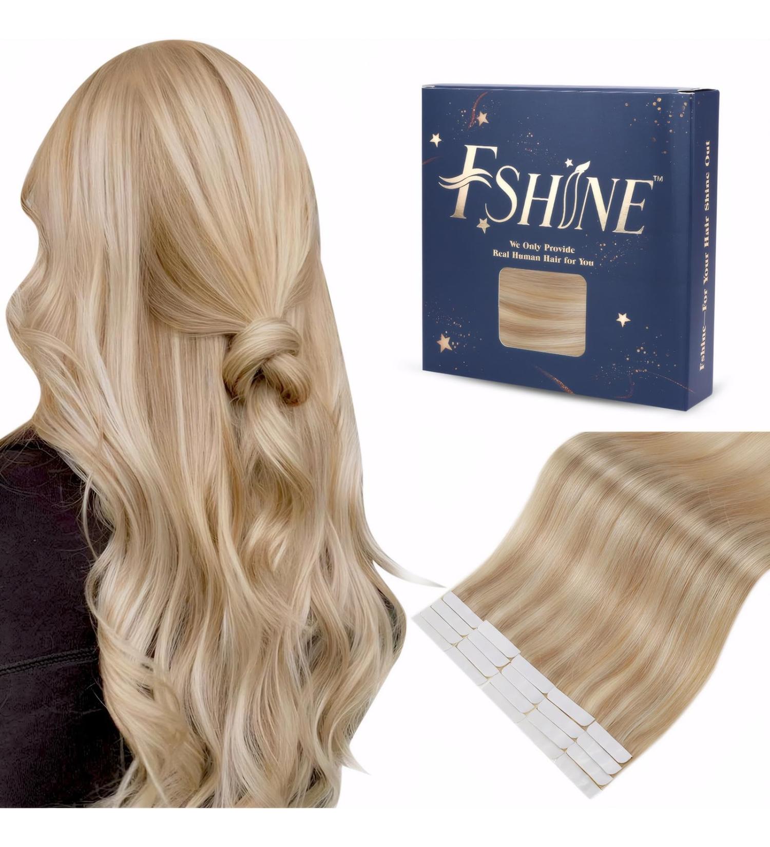 Buy FSHINE Tape-In Hair Extensions - 30cm Gold Blonde & Light Blonde Highlights | Real Hair 20 Pieces Invisible #16P22 - Buy Online on GoSupps.com