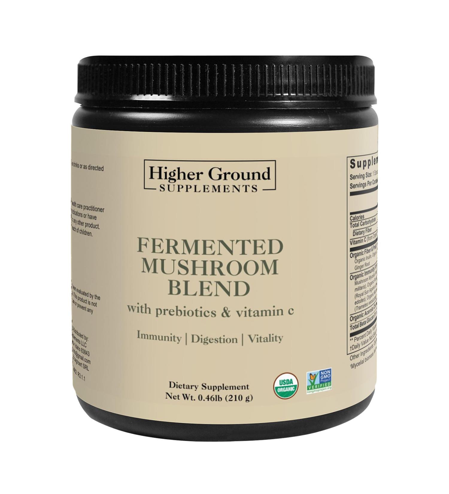 Higher Ground Supplements Fermented Mushroom Blend | from 6 Premium Grown Mushrooms | Prebiotics Fibers and Vitamin C for Immunity | Non-GMO | Gluten-Free | 210g - Buy Online on GoSupps.com