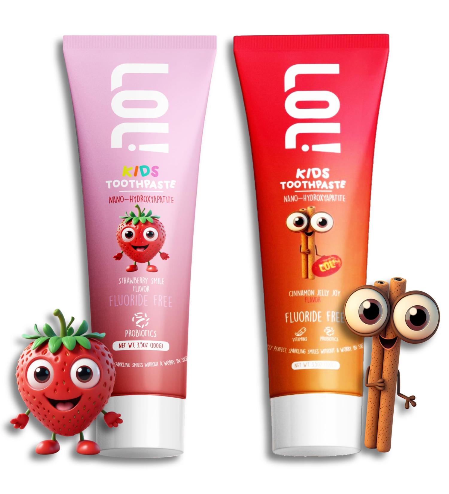 LOL Kids Toothpaste | Fluoride Free 2-Flavors Pack | Nano Hydroxyapatite Toothpaste Probiotics Vitamins A C E | Safe if Swallowed No SLS | 1 Strawberry 1 Cinnamon - Buy Online on GoSupps.com