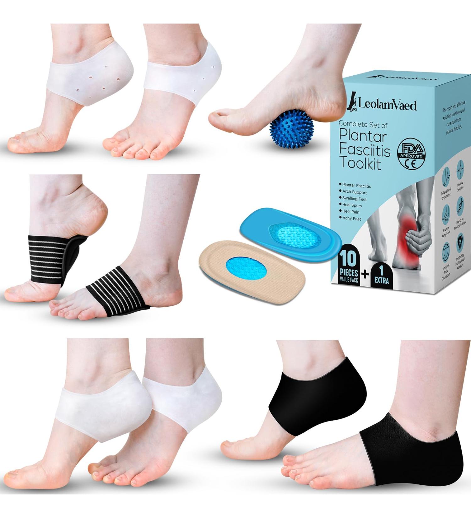 Plantar Fasciitis Relief Kit - Silicone Gel Heel Protectors & Cushioned Arch Support Sleeves (11 Pieces) for Heel Pain Spur Relief & Massage - Size 8-12 - Buy Online on GoSupps.com