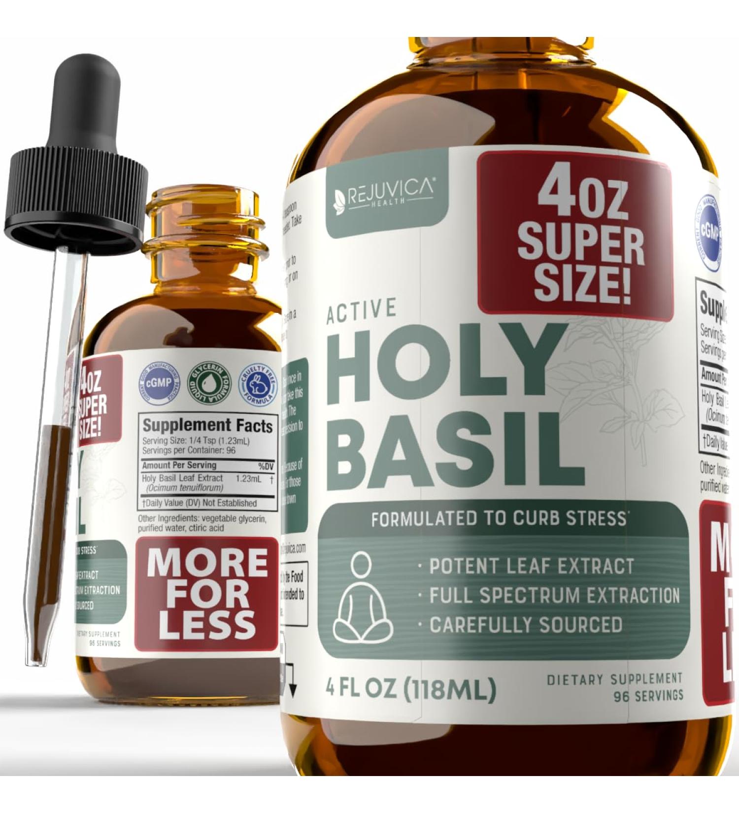 Rejuvica Health Active Holy Basil 4oz XL Super Size - Advanced Stress Support Supplement Drops - Holy Basil Leaves Liquid Extract - Vegan Sugar Free Non GMO Tincture 4 Fl Oz (Pack of 1) - Buy Online on GoSupps.com