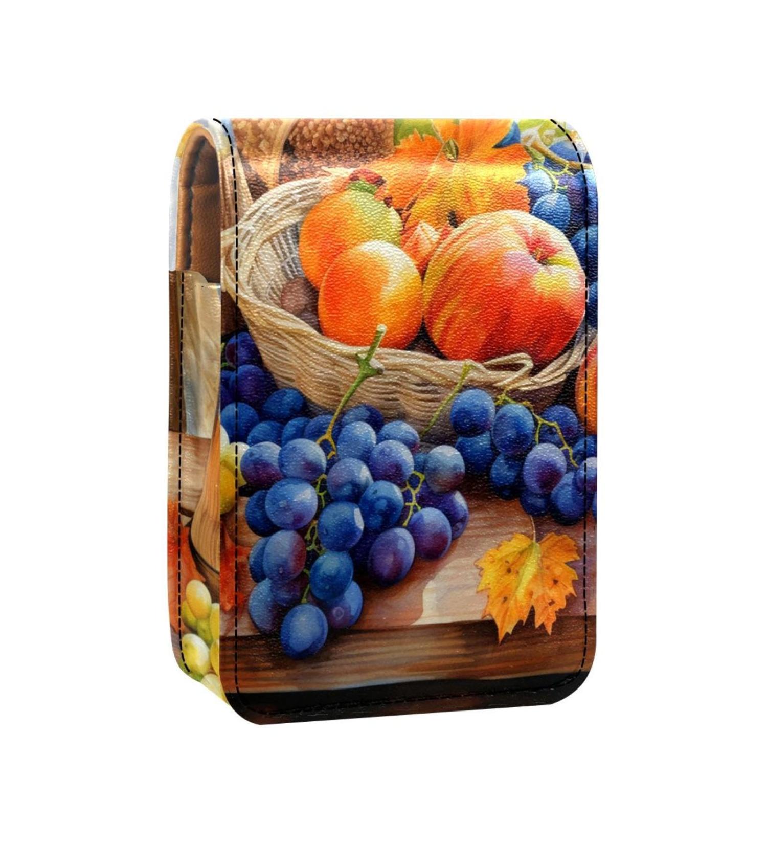 Travel Lipstick Organizer Case - Portable Makeup Bag with Mirror | Autumn Harvest Grapes & Pumpkin Design - Buy Online on GoSupps.com