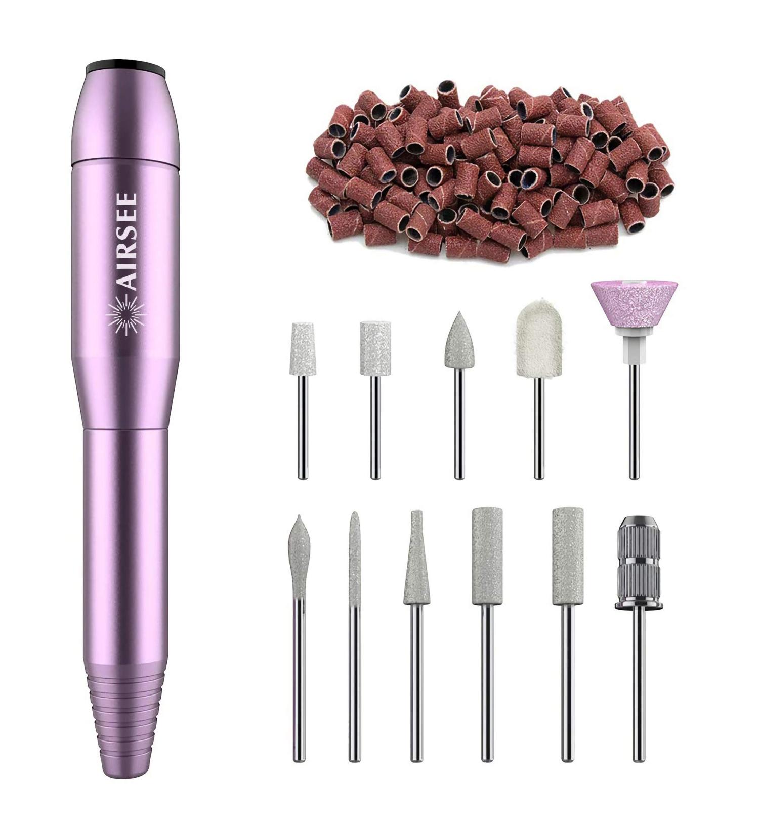 AIRSEE Portable Electric Nail Drill Kit for Acrylic Gel Nails - 11Pcs Bits, 56 Sanding Bands - Purple - Buy Online on GoSupps.com