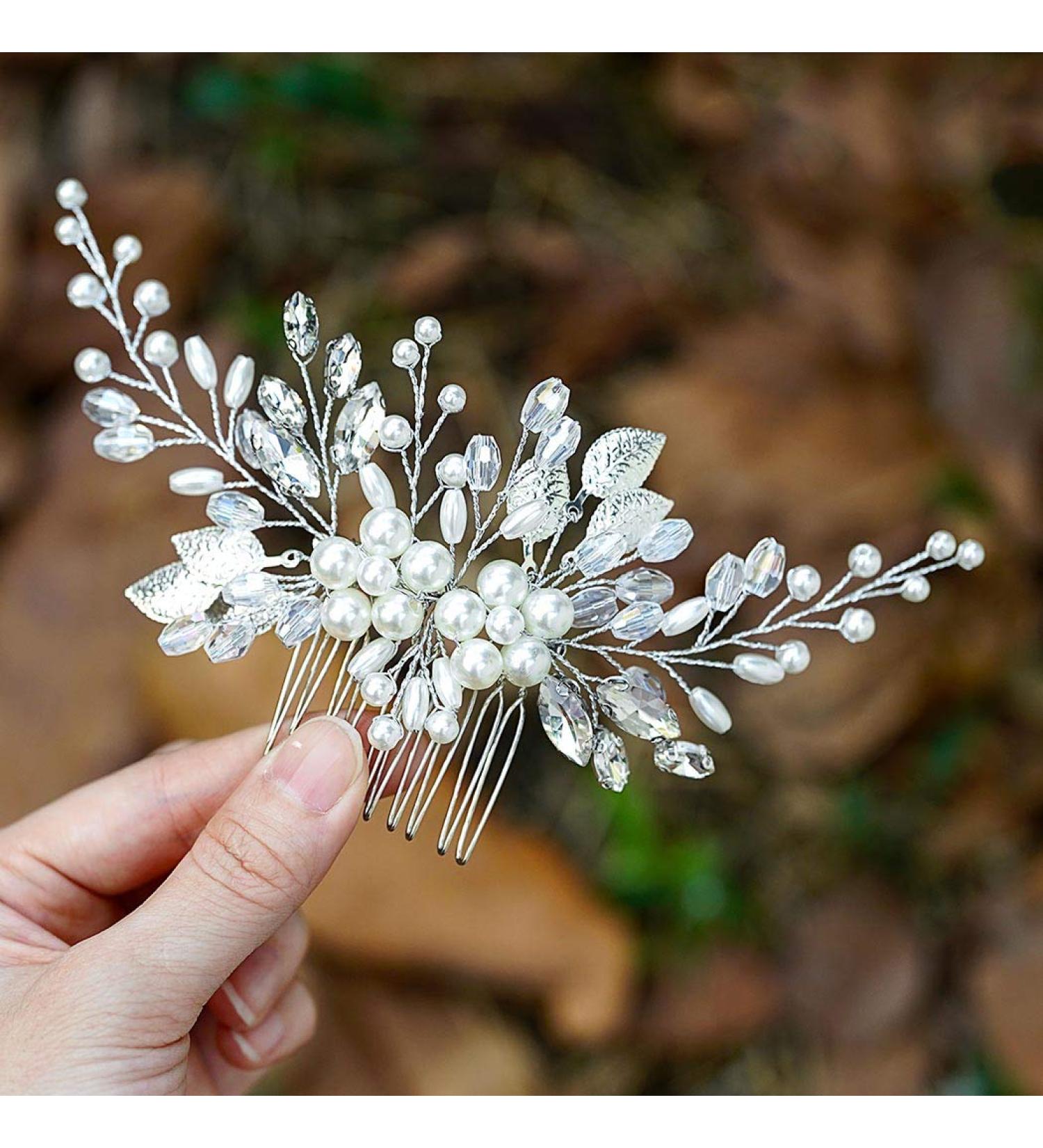 Yean Bride Leaf Pearl Wedding Hair Comb - Rhinestone Hair Accessories (Silver) - Buy Online on GoSupps.com