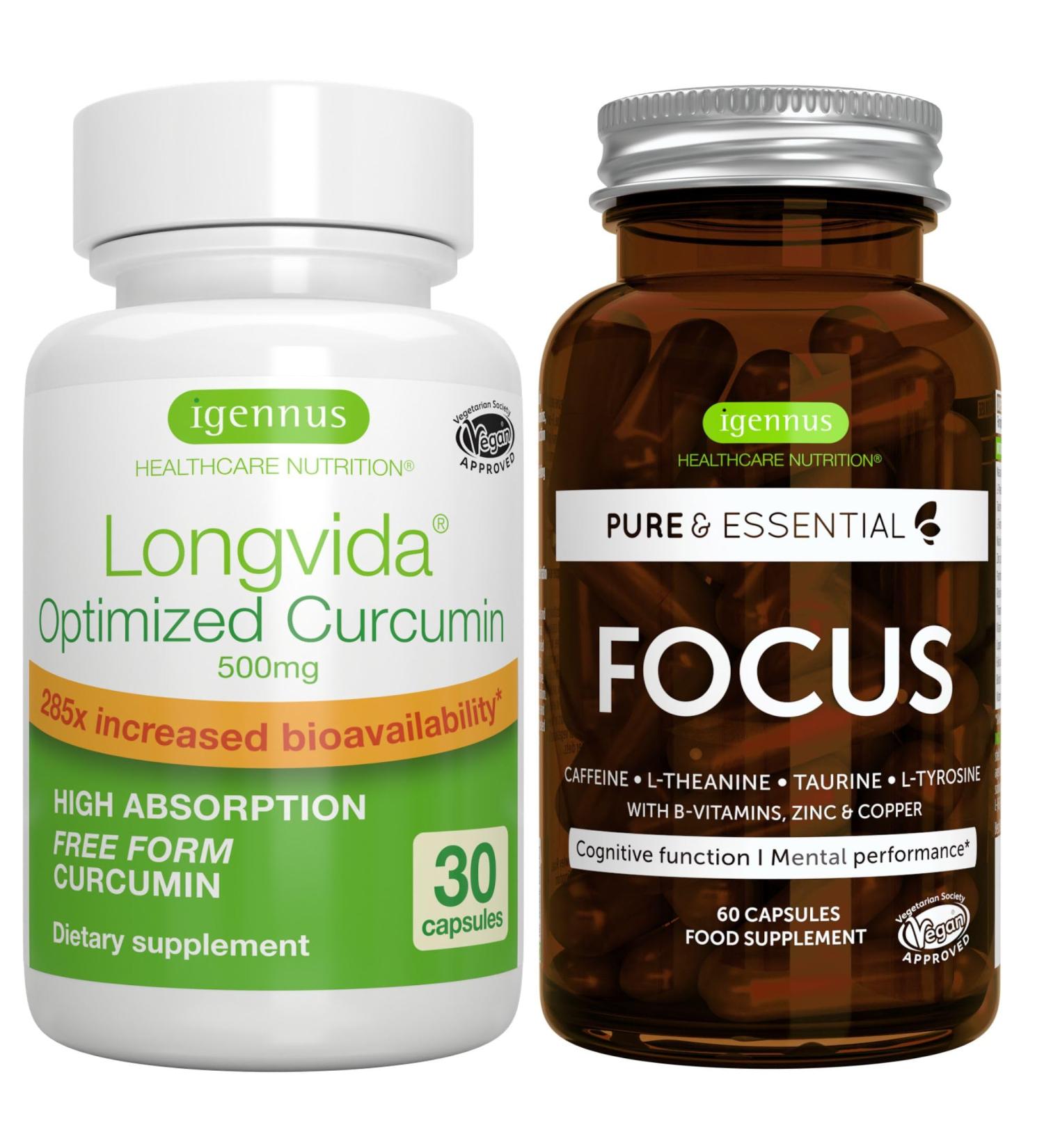 Longvida Lipidated Curcumin 500mg + Focus Brain Booster Vegan Bundle Ultra Bioavailable Curcumin + Caffeine L-Theanine Taurine & L-Tyrosine B-Vitamins Zinc & Copper by Igennus - Buy Online on GoSupps.com