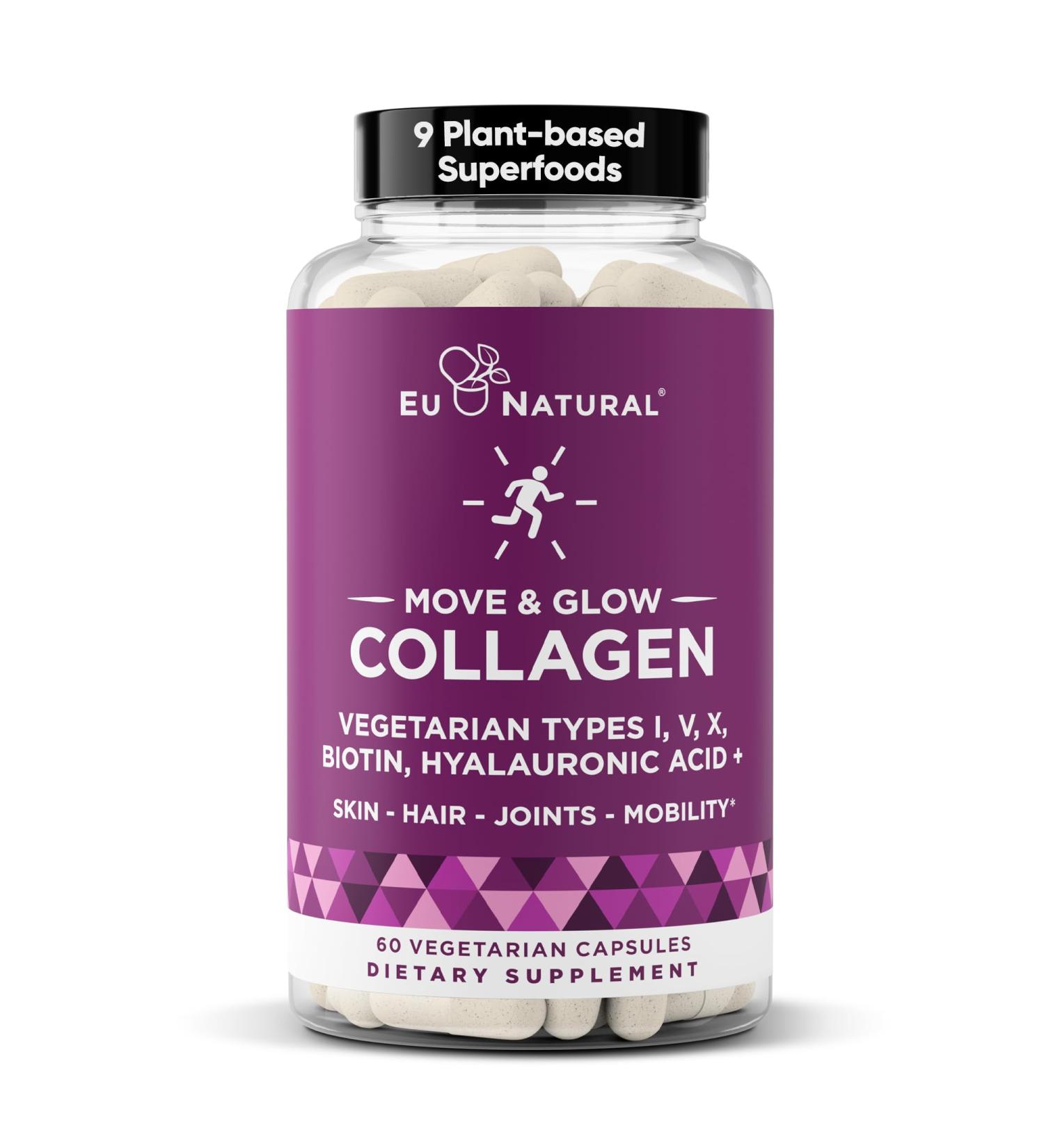 Move & Glow Collagen Pills for Women & Men Vegetarian Multi-Collagen (Type I-V-X) with 9 Plant-based Superfoods for Skin Health & Joint Support Biotin, Vitamin C, Vitamin E, 60 Vegetarian Capsules - Buy Online on GoSupps.com