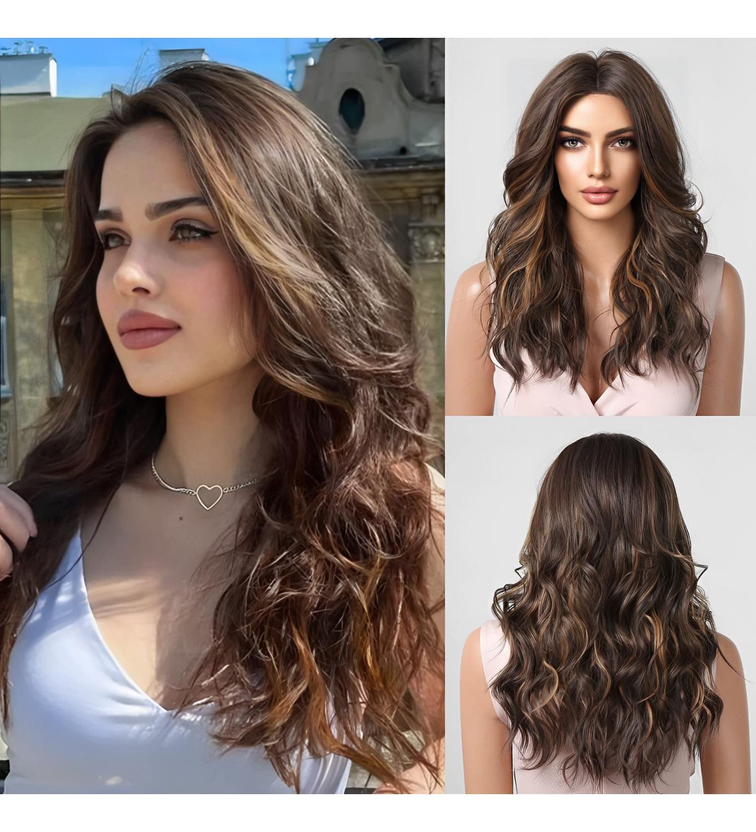 Long Brown Curly Wig for Women with Light Brown Highlights | Synthetic Hair - Buy Online on GoSupps.com