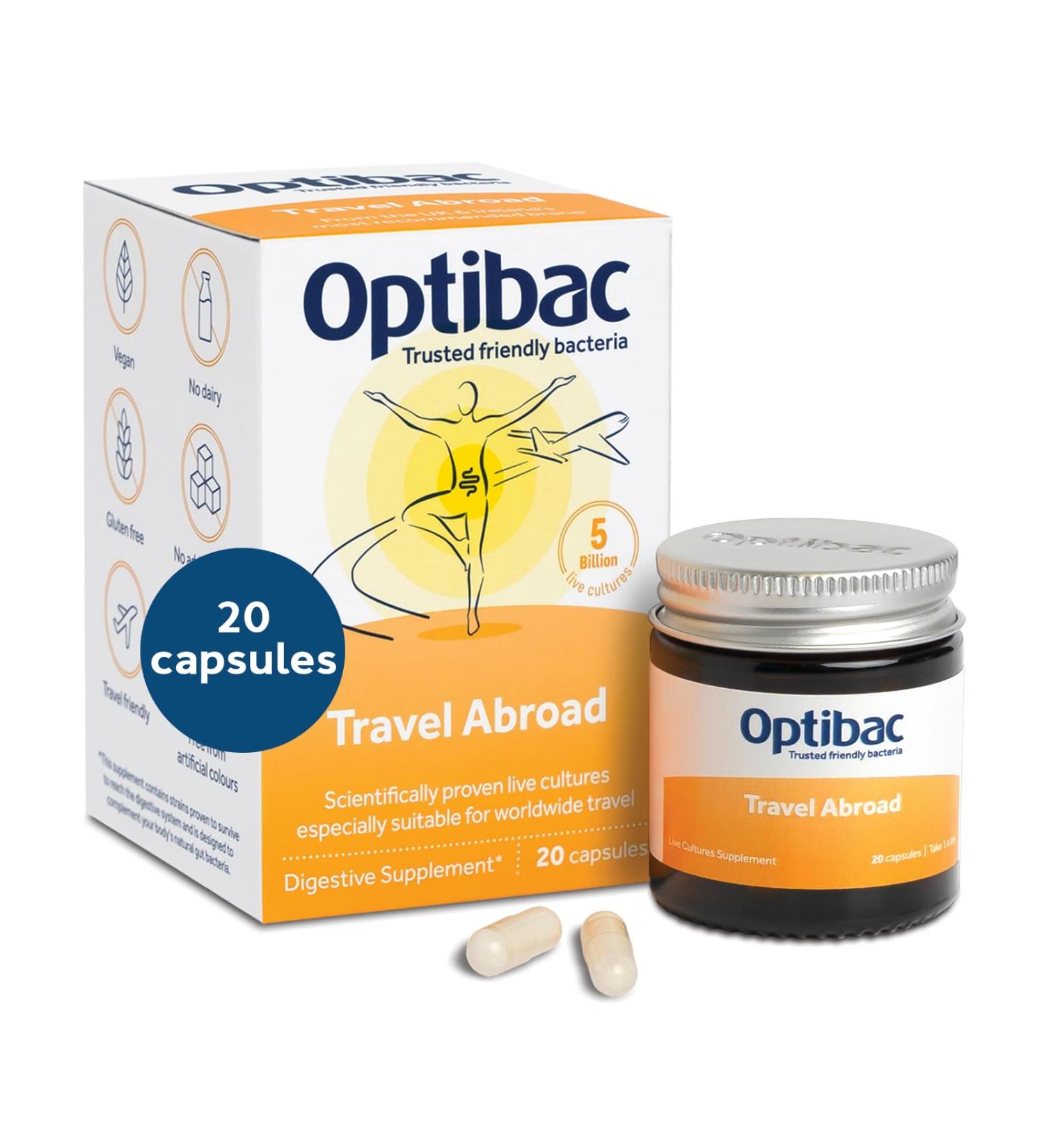 Optibac Travel Abroad Probiotics - Vegan Digestive Supplement for Gut Health - 5 Billion Live Cultures - 20 Capsules - Buy Online on GoSupps.com