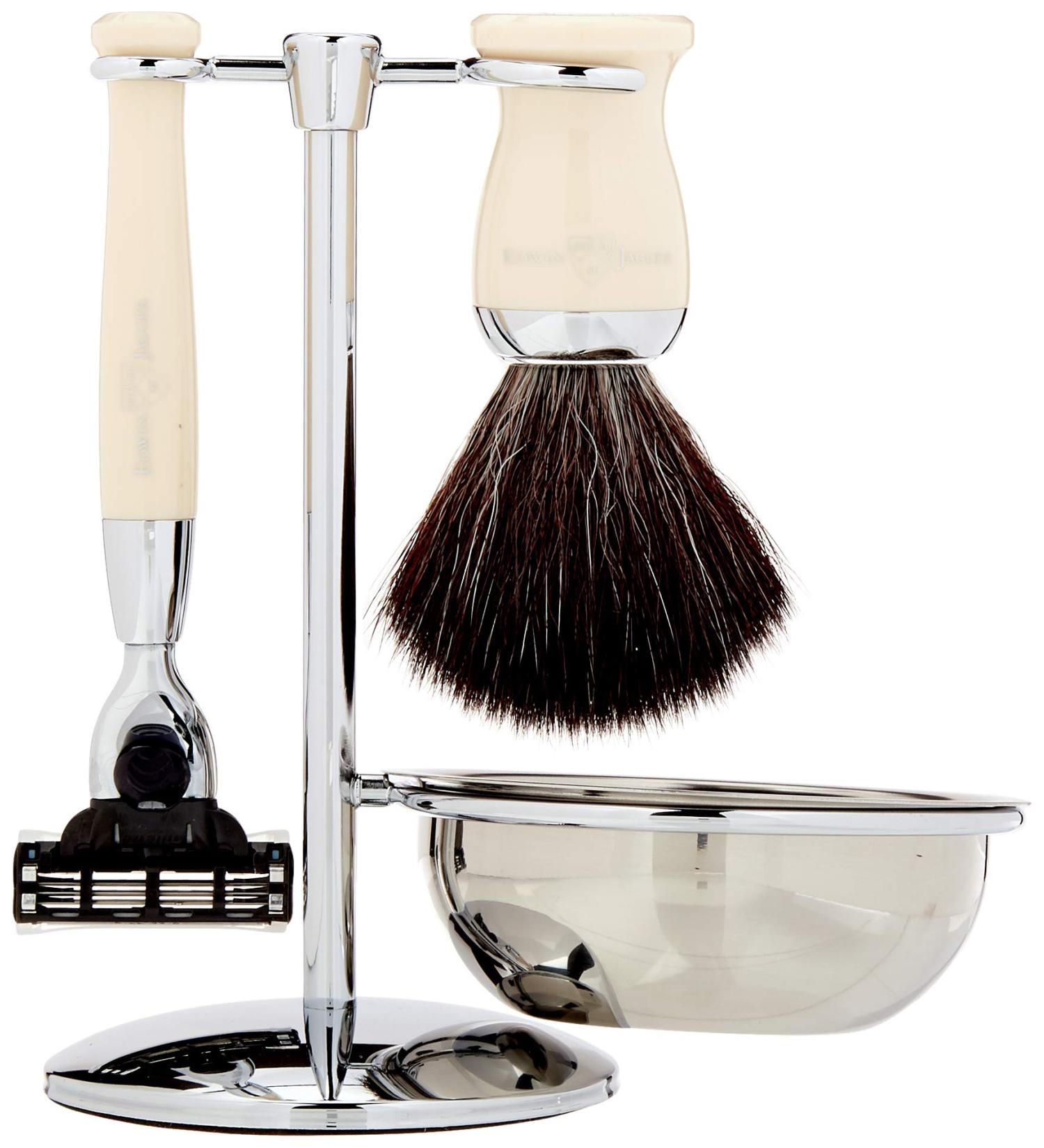 4pc set Gillette Mach3 Compatible Razor Shaving Brush Black Synthetic Fibre With Stand and Bowl Chrome Plated (Imitation Ivory)