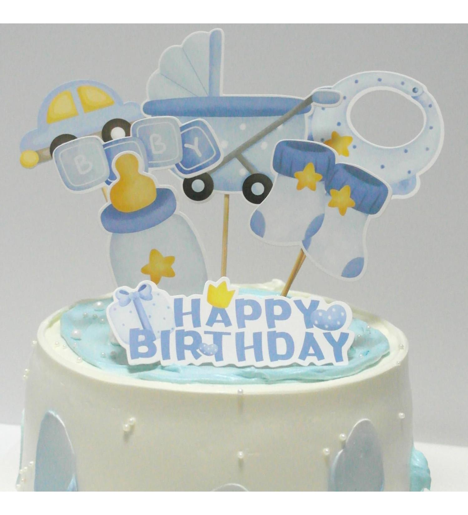 GORWERY 7pcs Happy Birthday Cake Toppers Blue Baby Shower Cupcake Picks Appetizers Cake Dessert Decorations for Baby One Month Hundred Days Boy 1st Birthday Party - Buy Online on GoSupps.com