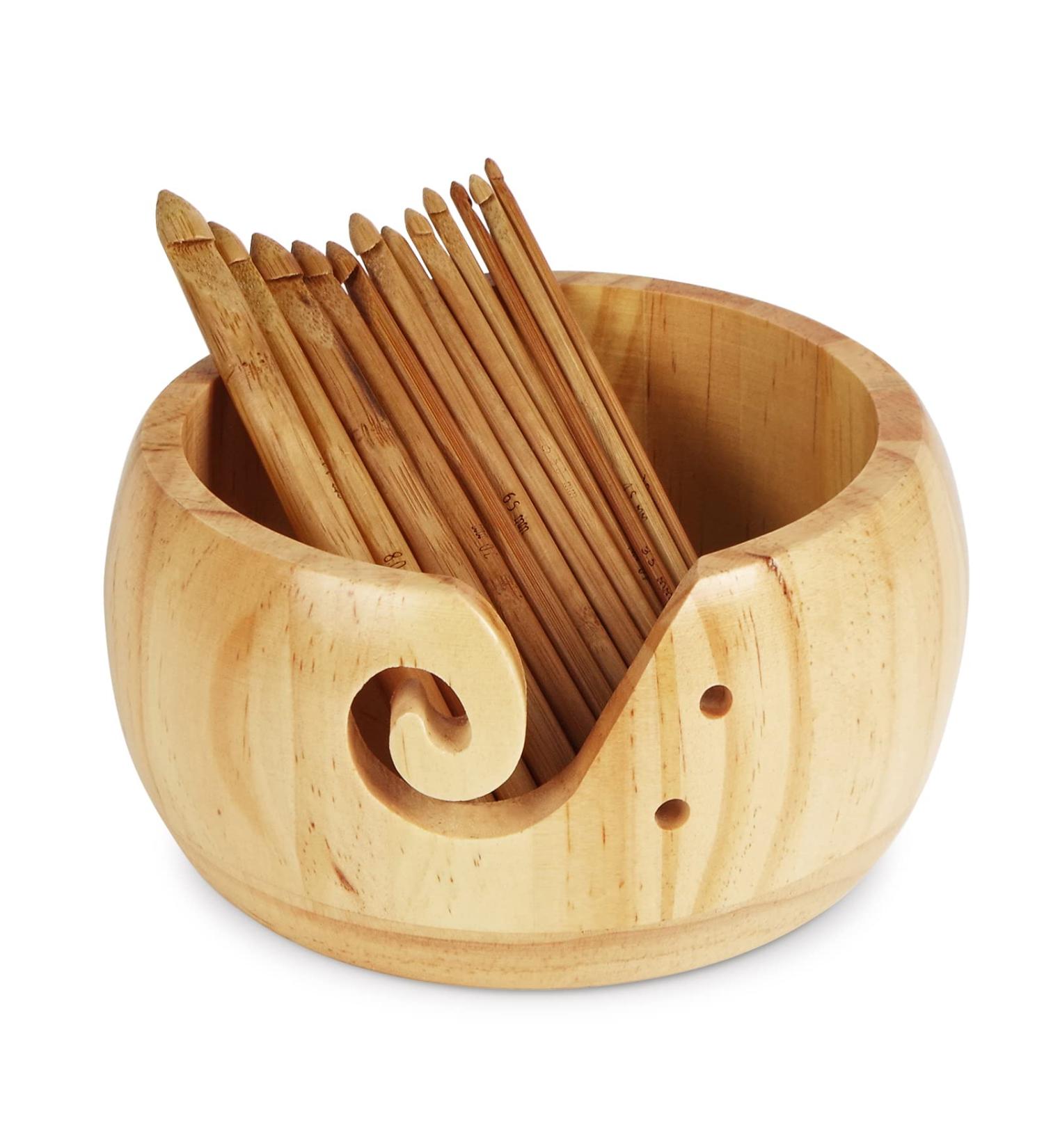 UNAYMIDY Wooden Yarn Bowl with 12 Crochet Hooks - Large 6.7 Brown Knitting Holder Dispenser for Crocheting - Buy Online on GoSupps.com