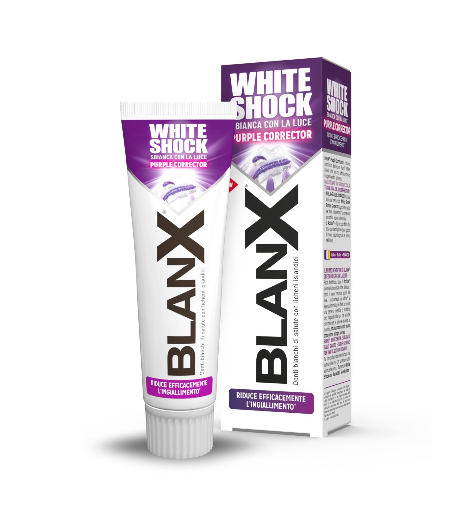 BLANX BlanX White Shock Purple Corrector Dual Color Toothpaste Effectively reduces yellowing with Actilux technology and color correction gentle on enamel and gums 75 ml