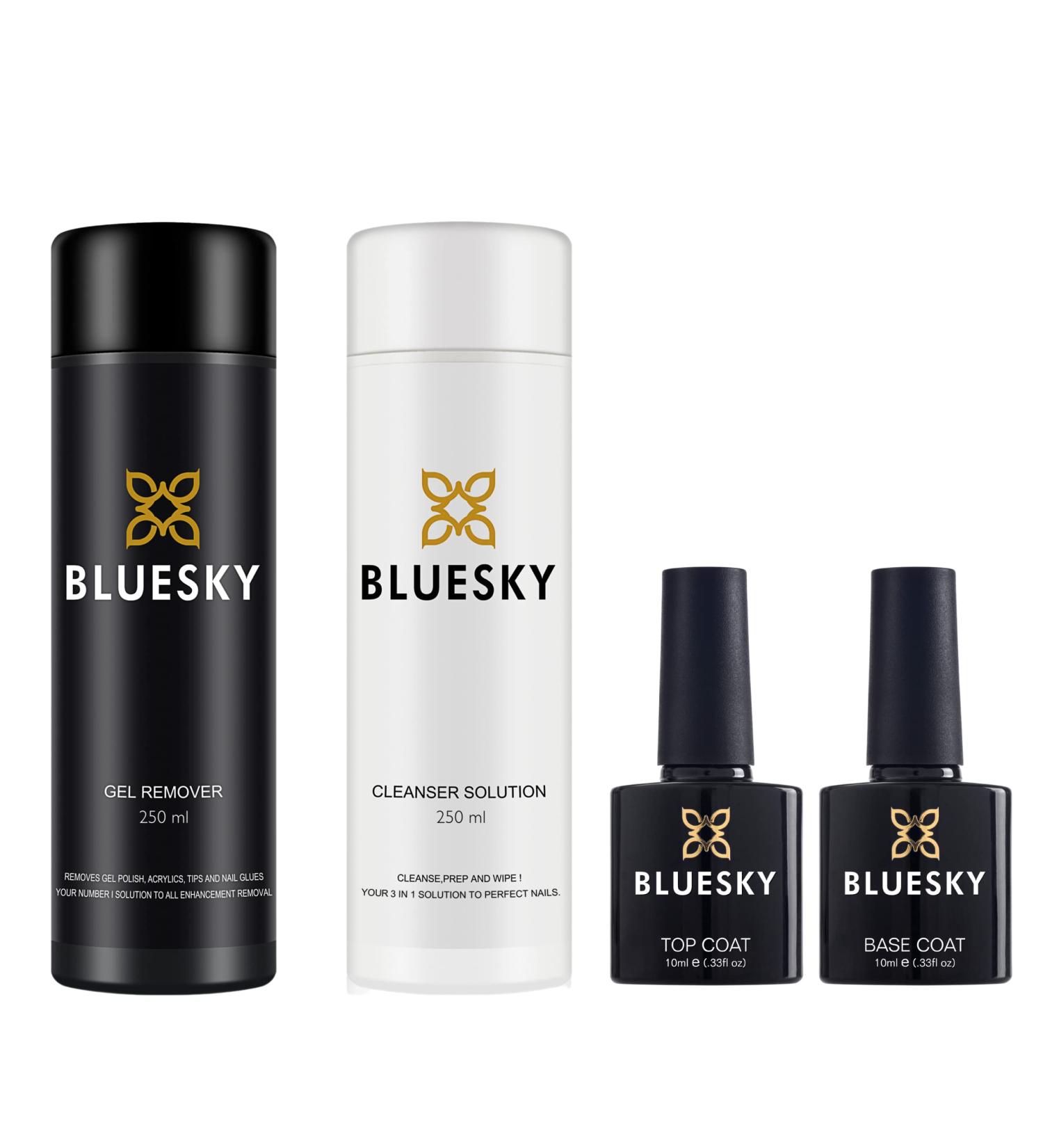 Bluesky Gel Polish Top and Base Coat 10ml plus Acetone Gel Polish Remover 250ml and Cleanser 250ml . Gel Nail Polish Removal Prep and Wipe. Top Coat Base Coat - Buy Online on GoSupps.com