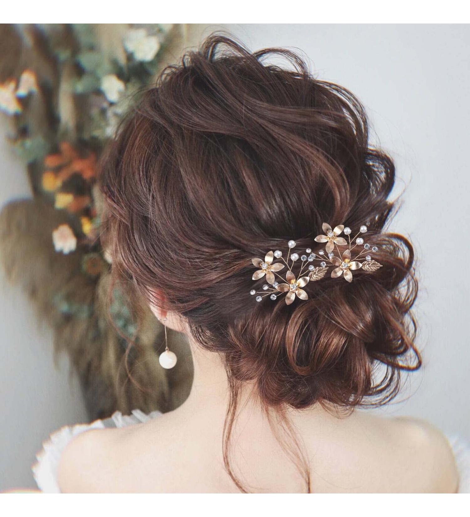 Wendalern Wedding Rhinestone Hair Clips Barrette Bride Pearl Hair Pin Crystal Flower Hair Barrette Gold Flower Hairpin Hairpiece Decorative Hair Accessories for Women and Girls - Buy Online on GoSupps.com