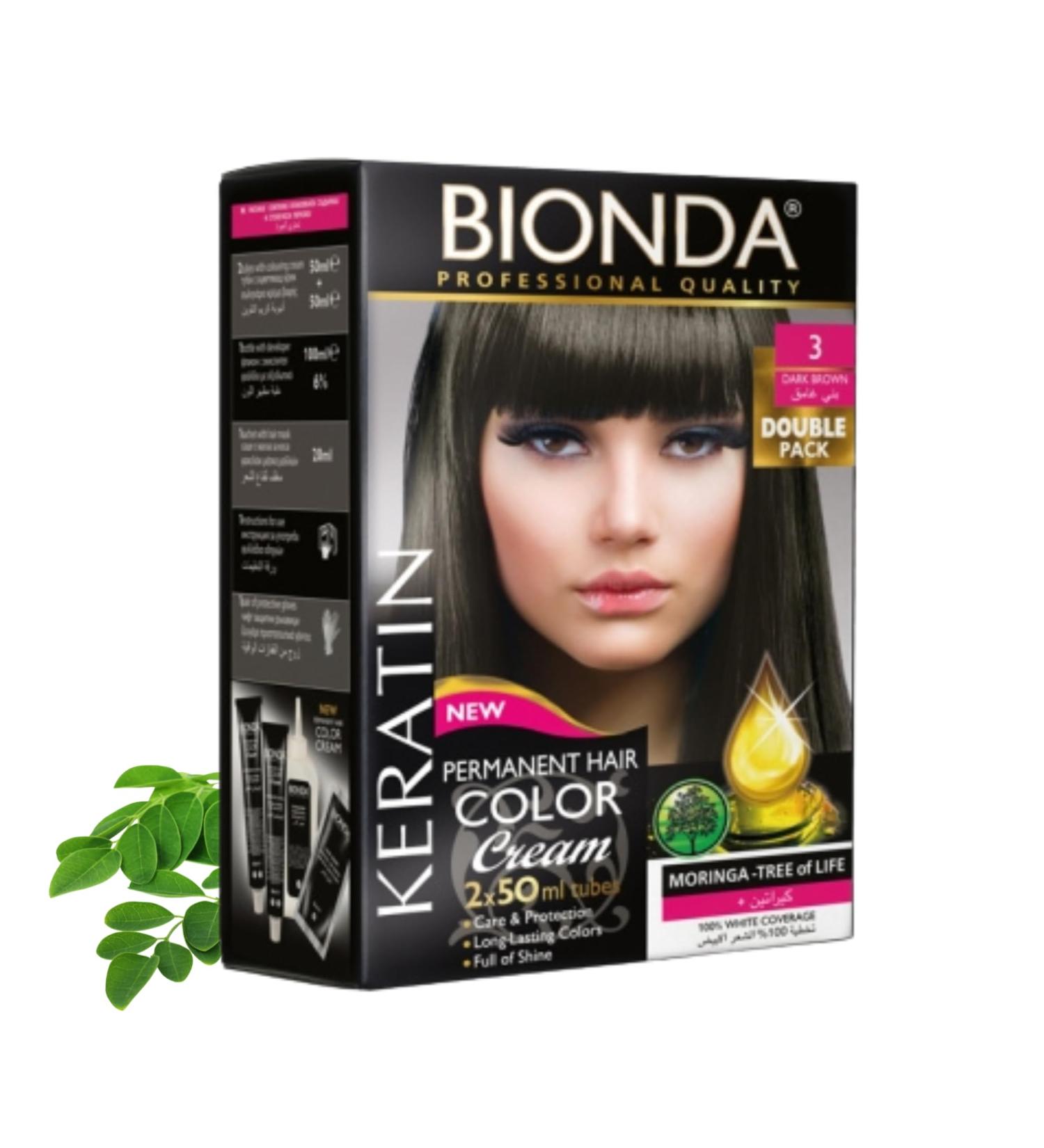 BIONDA Professional permanent hair color Color Cream 3 dark brown 200ml double pack keratin & moringa care longlasting intense color with shine 100 gray coverage - Buy Online on GoSupps.com