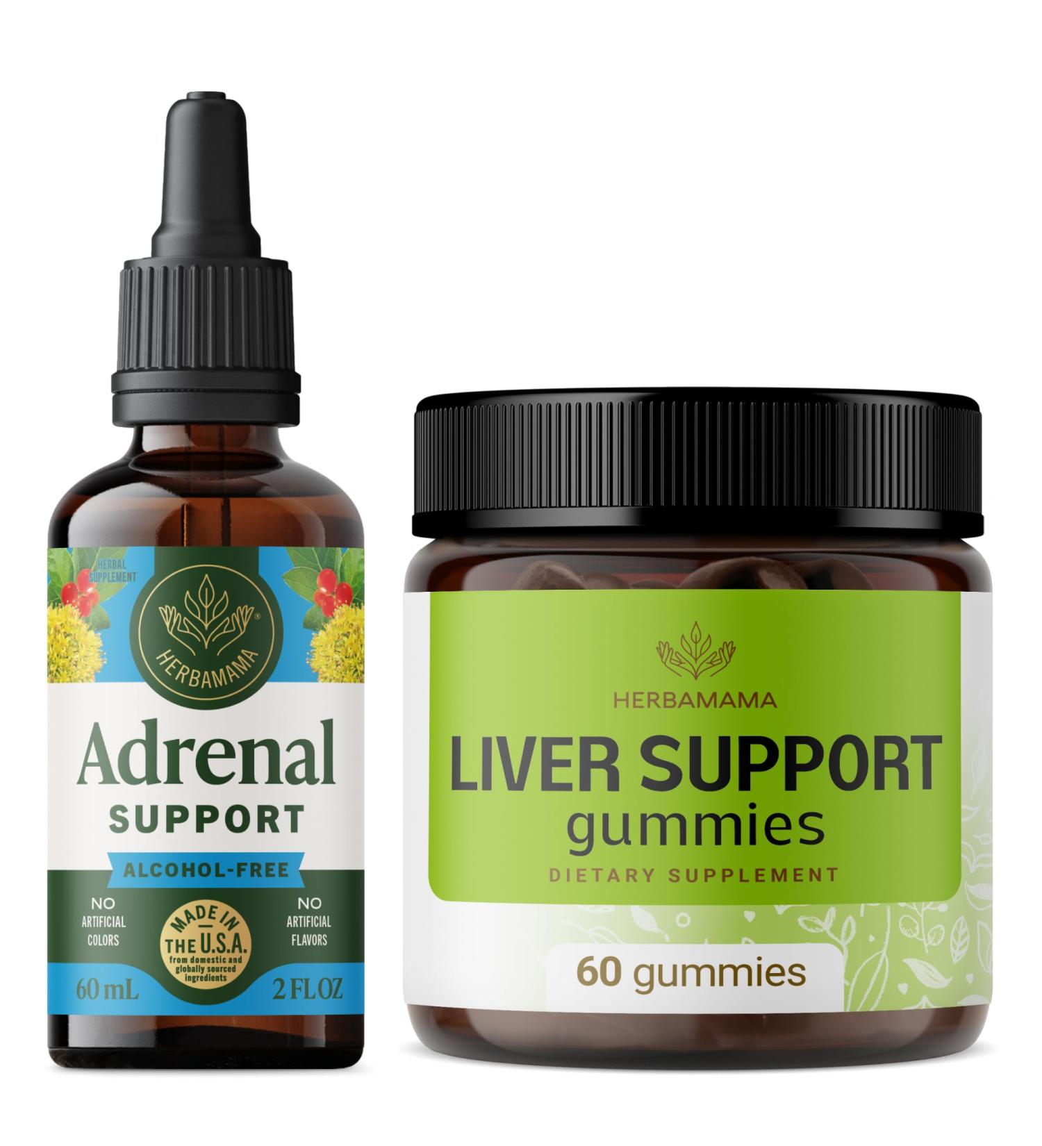 HERBAMAMA Adrenal Support and Liver Support Complex Kit - Bundle of Liquid Adrenal Support Complex 2 fl oz & Herbal Liver Support Gummies - Vegan Non-GMO Gelatin & Alcohol-Free - 2 Pack - Buy Online on GoSupps.com