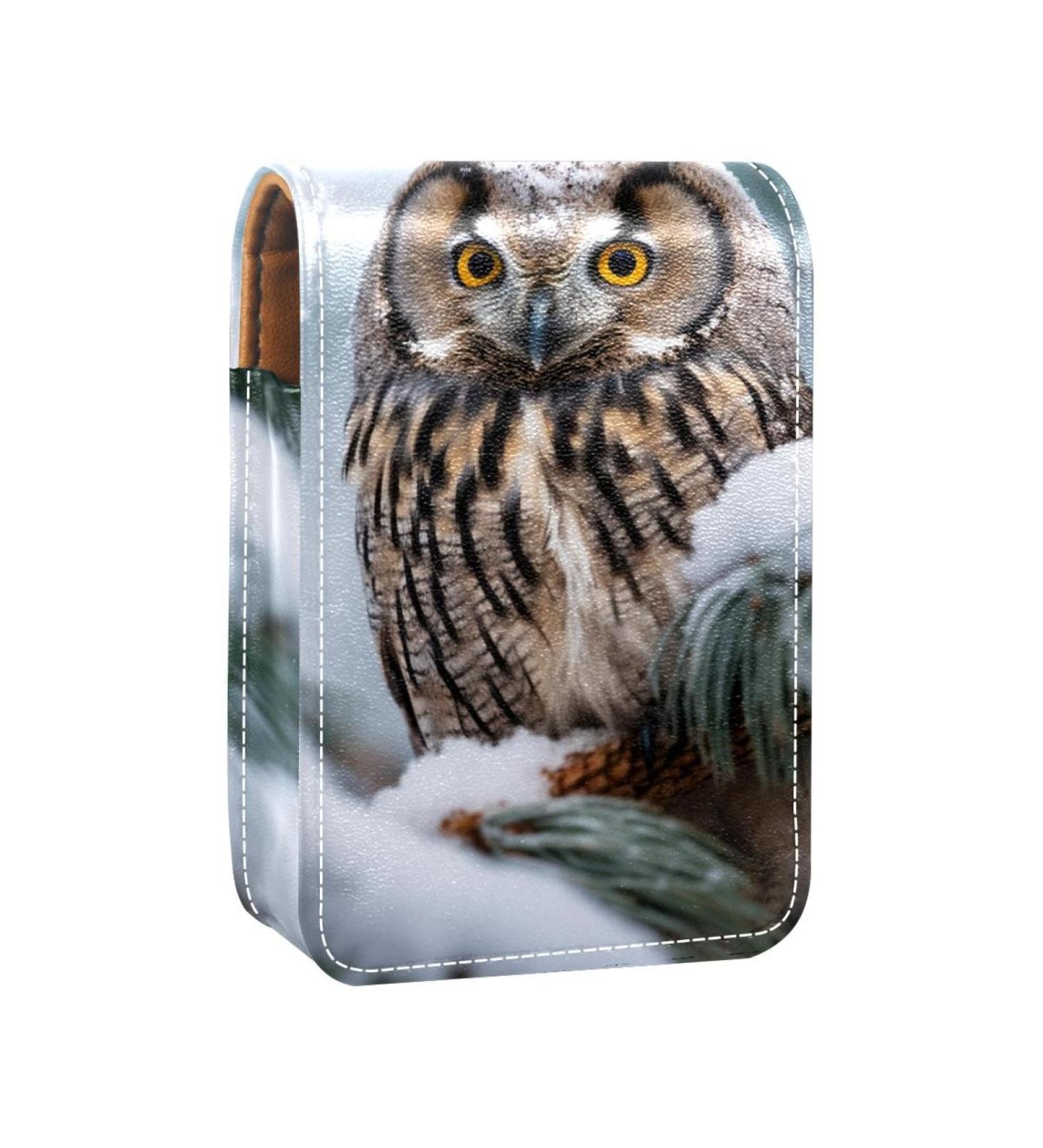 Travel Lipstick Organizer Case - Portable Makeup Bag with Mirror | Winter Snow Tree Owl Design - Buy Online on GoSupps.com