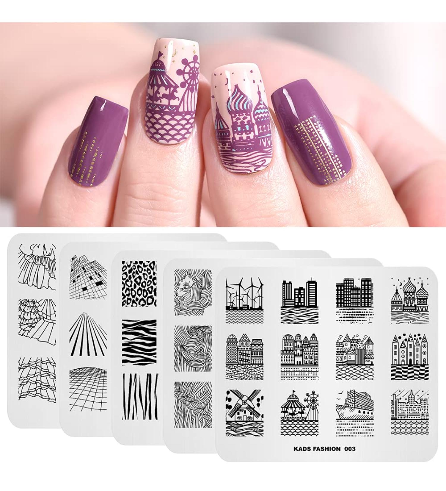 Nail Stamp Plate Set - 5pcs Picture Design Templates for Nail Art | Rock City Architecture Leopard & Hair Braiding Patterns - DIY Manicure Tools GT0011 - Buy Online on GoSupps.com