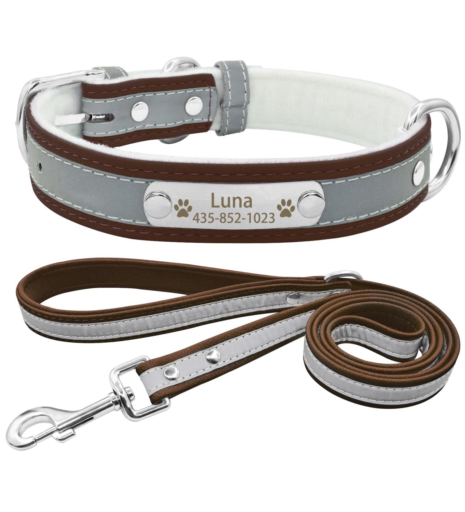 Senristar Personalized Reflective Dog Collar & Leash Set | Custom Engraved Name Tag for Small Medium & Large Dogs & Cats - Brown (XS 1.5cm Width 19-25cm Neck) - Buy Online on GoSupps.com