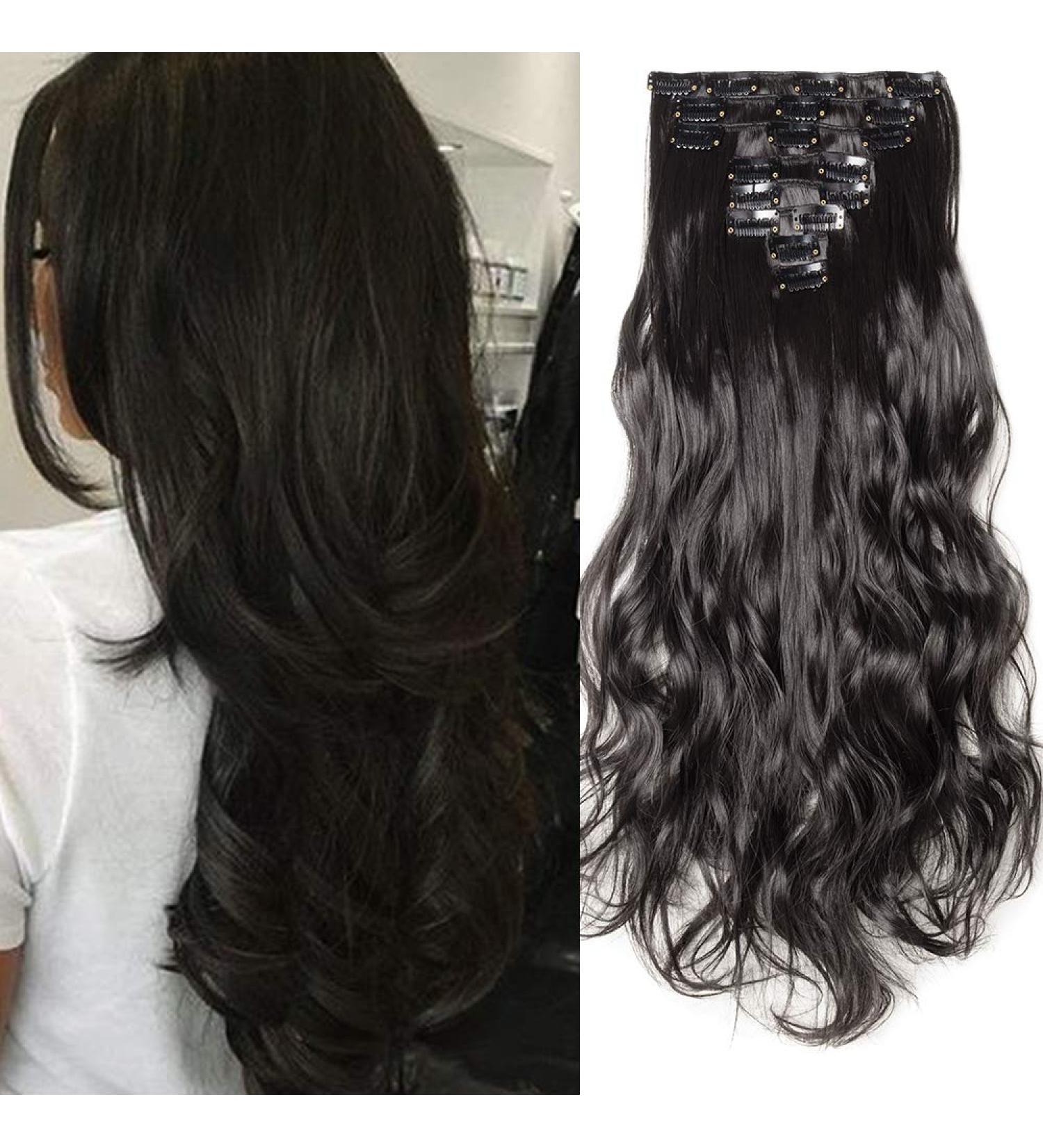 Silk-co 17 Natural Black Clip in Hair Extensions - 100% Synthetic, Long Curly Wavy Hair Pieces - 8pcs for Full Head - Buy Online on GoSupps.com