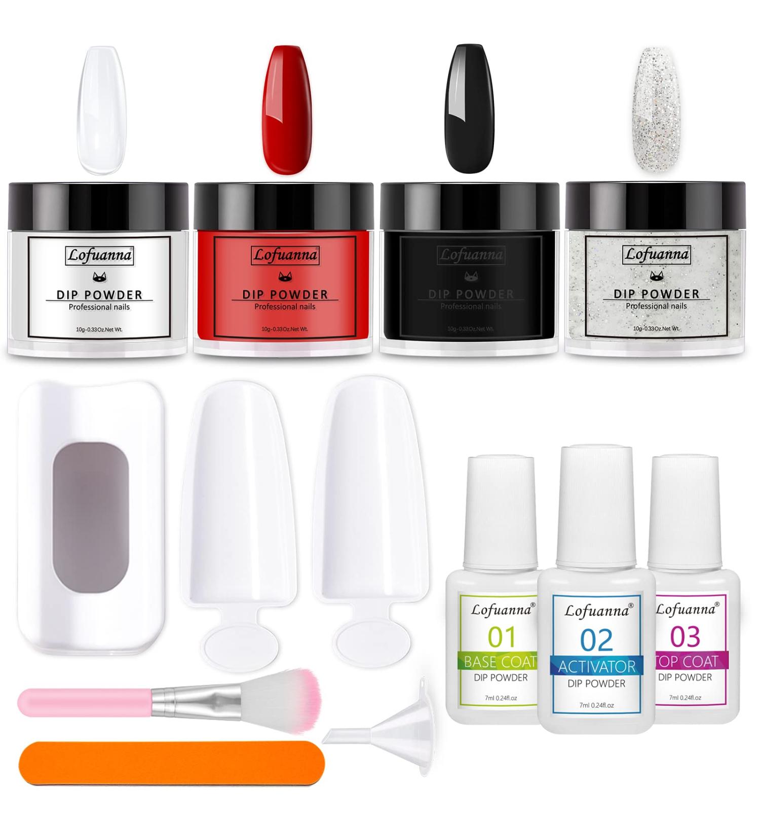 Lofuanna Dip Powder Nail Kit Starter- All-in-One DIY French Manicure Set - 4 Colors Clear Black Red Glitter Dipping Powder with Base, Top Coat, Activator - No UV/LED Needed - Perfect for Beginners - Buy Online on GoSupps.com