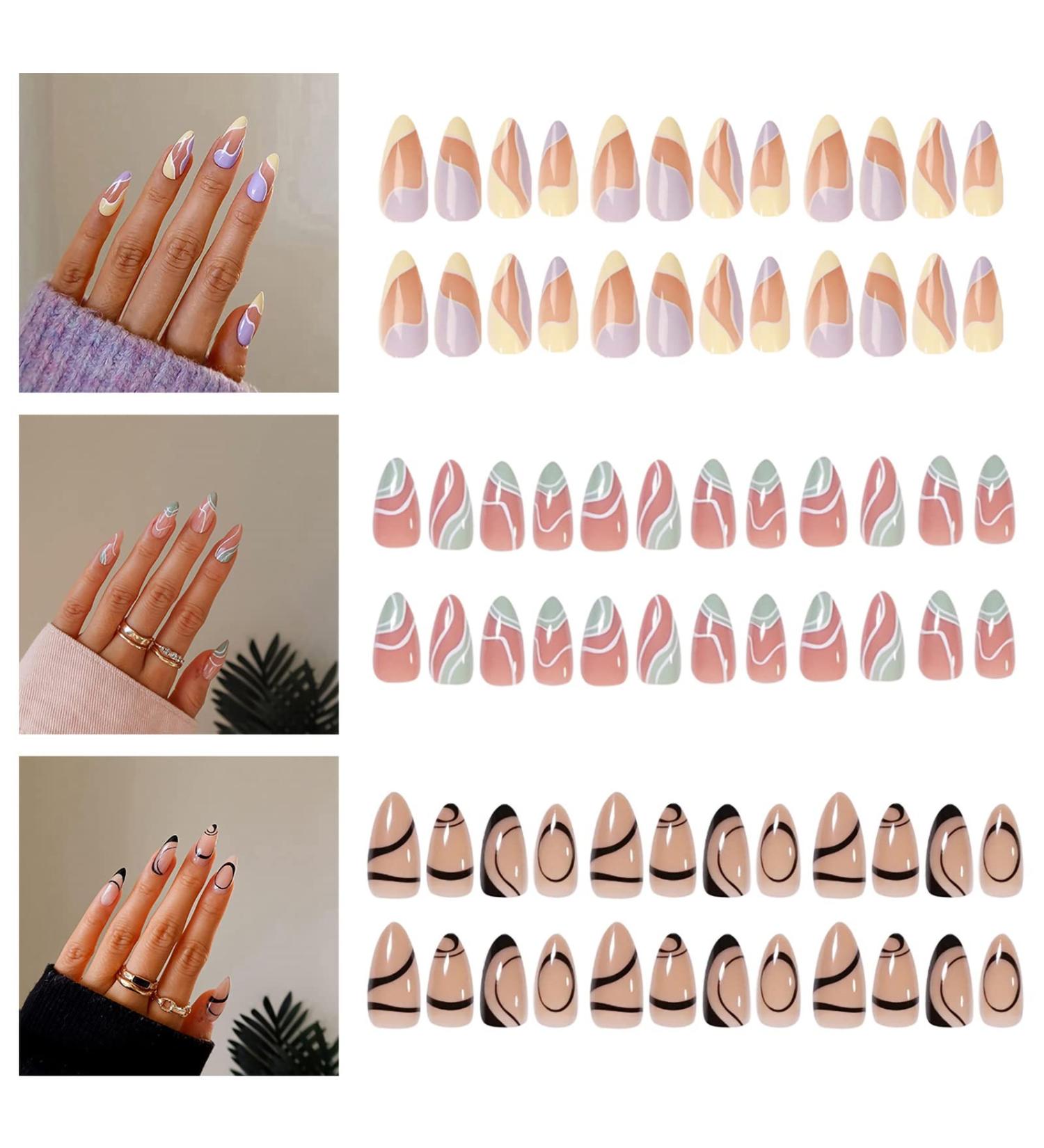 Souarts 24 Pieces French False Nails Different Sizes Short Artificial Nails Full Cover Press on Nails for Women Girl(Black+Grey+Purple) - Buy Online on GoSupps.com