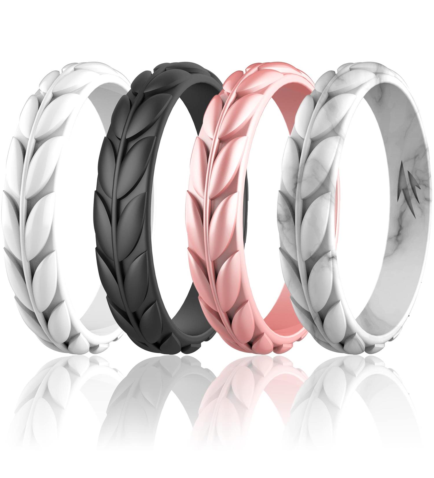 Zollen Olive Leaves Silicone Wedding Rings for Women - Stackable Rubber Bands in Rose Gold, Pearl White, Black, and Marble - Hypoallergenic Silicone - Size 6 (16.5mm) - Buy Online on GoSupps.com