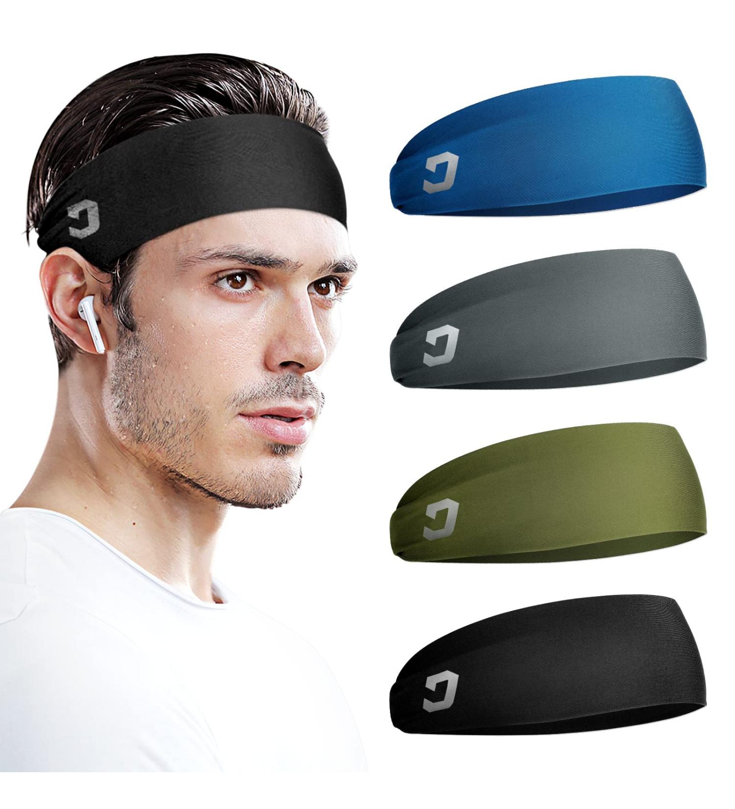 Vinsguir Athletic Men's Headband 4 Pack - Sweat Wicking Sports Headbands for Running, Gym, Tennis, Basketball - Unisex Hairband in Black/Khaki/Gray/Green - Buy Online on GoSupps.com