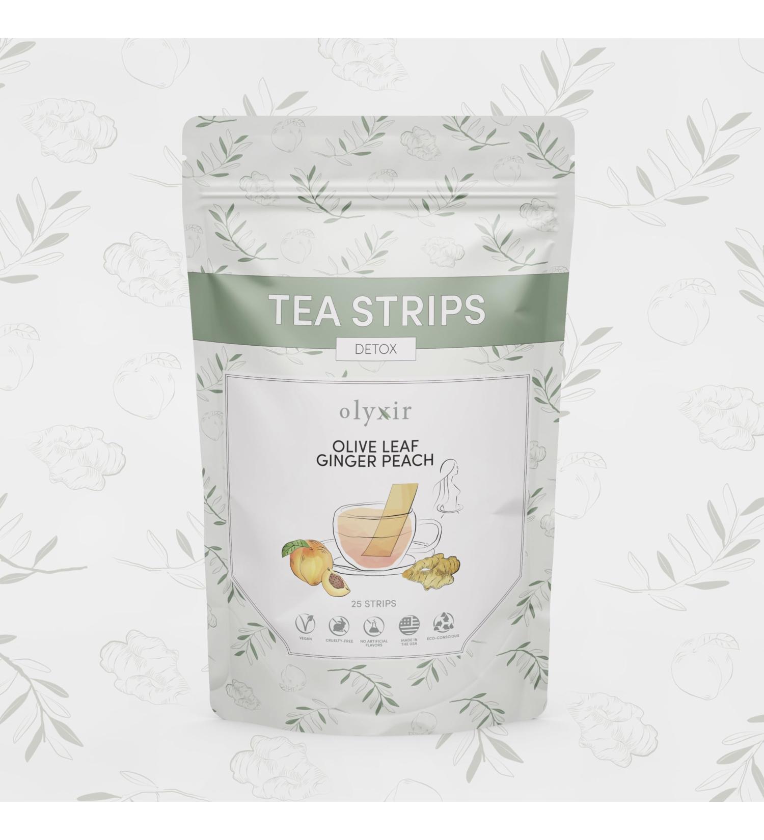 Olyxir Detox Tea Strips - Natural Olive Leaf Ginger & Peach Flavors - Instant Energizing Organic Paleo Vegan Non-GMO | 25 Ct