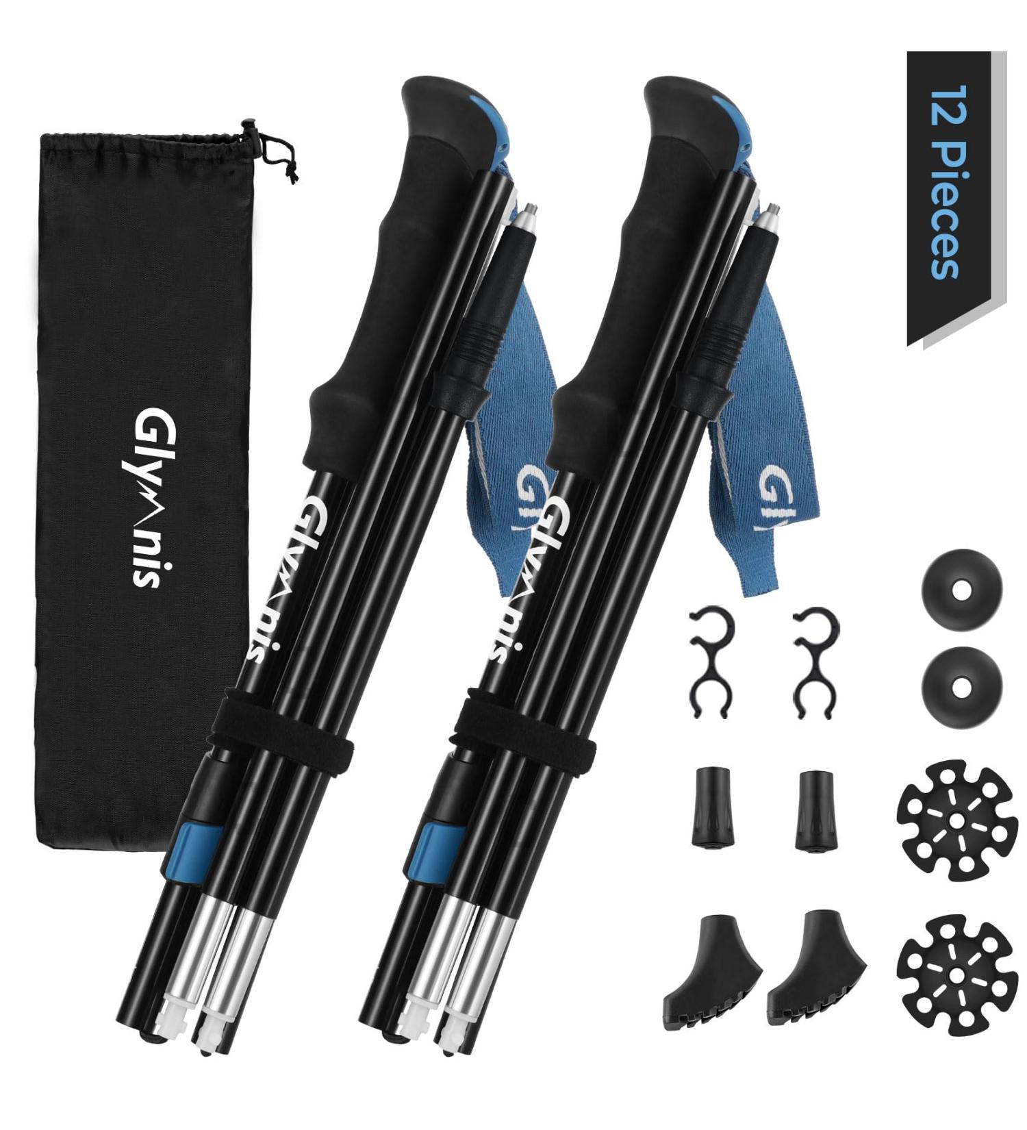 Glymnis 7075 Aluminum Hiking Sticks | Ultra-Light Foldable Trekking Poles for Men & Women | Adjustable 110-130cm with Rotary Lock & Rubber Buffers - Black - Buy Online on GoSupps.com