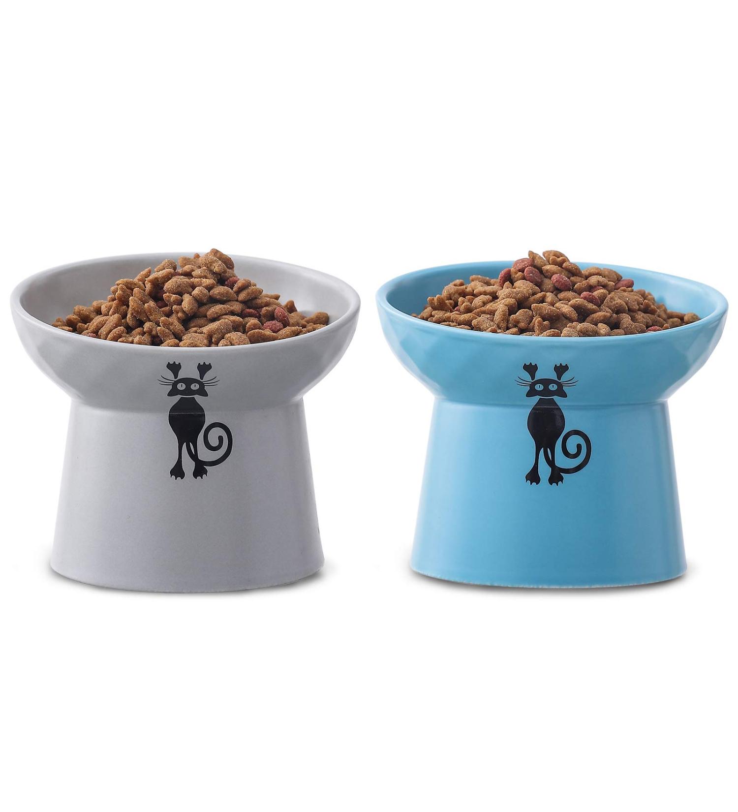 TAMAYKIM 8oz Tilted Ceramic Raised Cat Bowls Set - Blue & Grey | Porcelain Elevated Feeding Dish for Kitty | Stress-Free, Dishwasher & Microwave Safe | 2-Pack - Buy Online on GoSupps.com