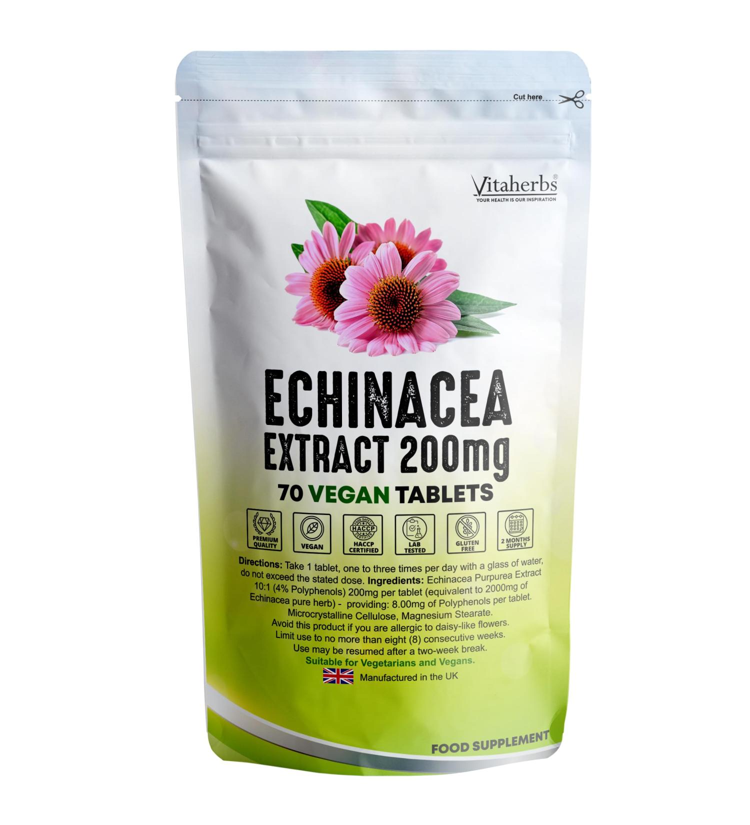 Vitaherbs Echinacea Tablets 200mg - 70 Vegan Tablets | Premium Quality Echinacea Purpurea Supplement - Made in the UK - Buy Online on GoSupps.com