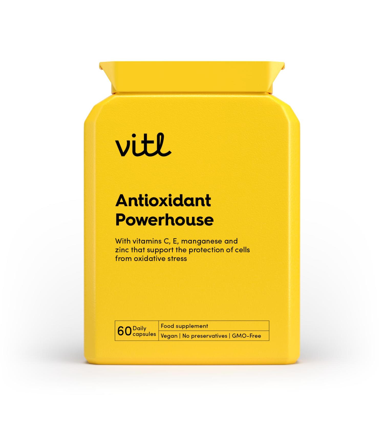 Vitl Antioxidant Powerhouse Supplement - 60 High Strength Easy Swallow Capsules - with Vitamins C E Manganese & Zinc - Supports Healthy Skin & Normal Functioning of The Immune System Antioxidant Powerhouse 60 count (Pack of 1) - Buy Online on GoSupps.com