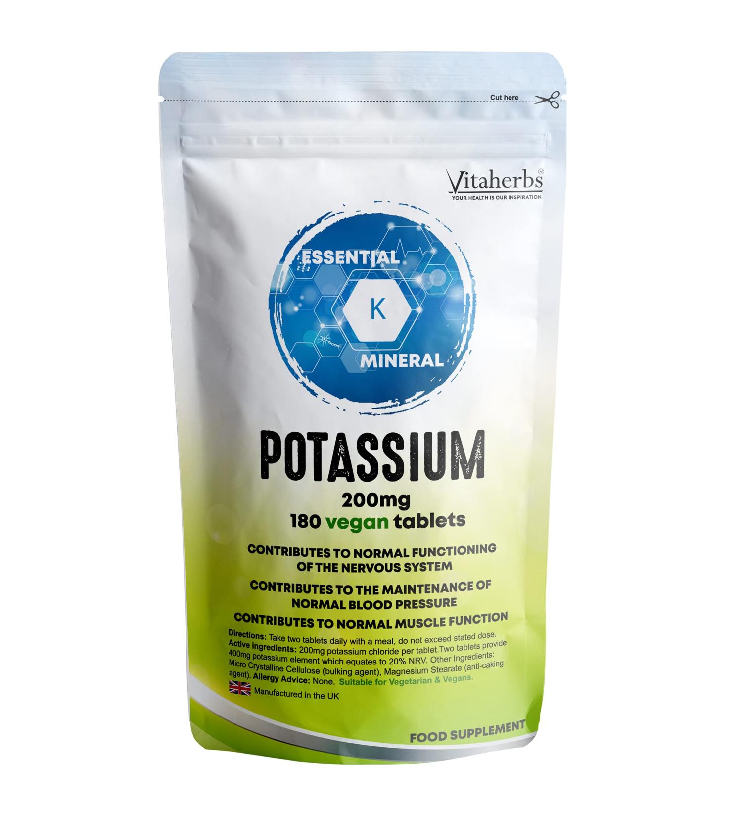 Vitaherbs Potassium Tablets - 200mg 180 Vegan Tablets - Supports Normal Blood Pressure & Nervous System - Muscle Supplement - Buy Online on GoSupps.com