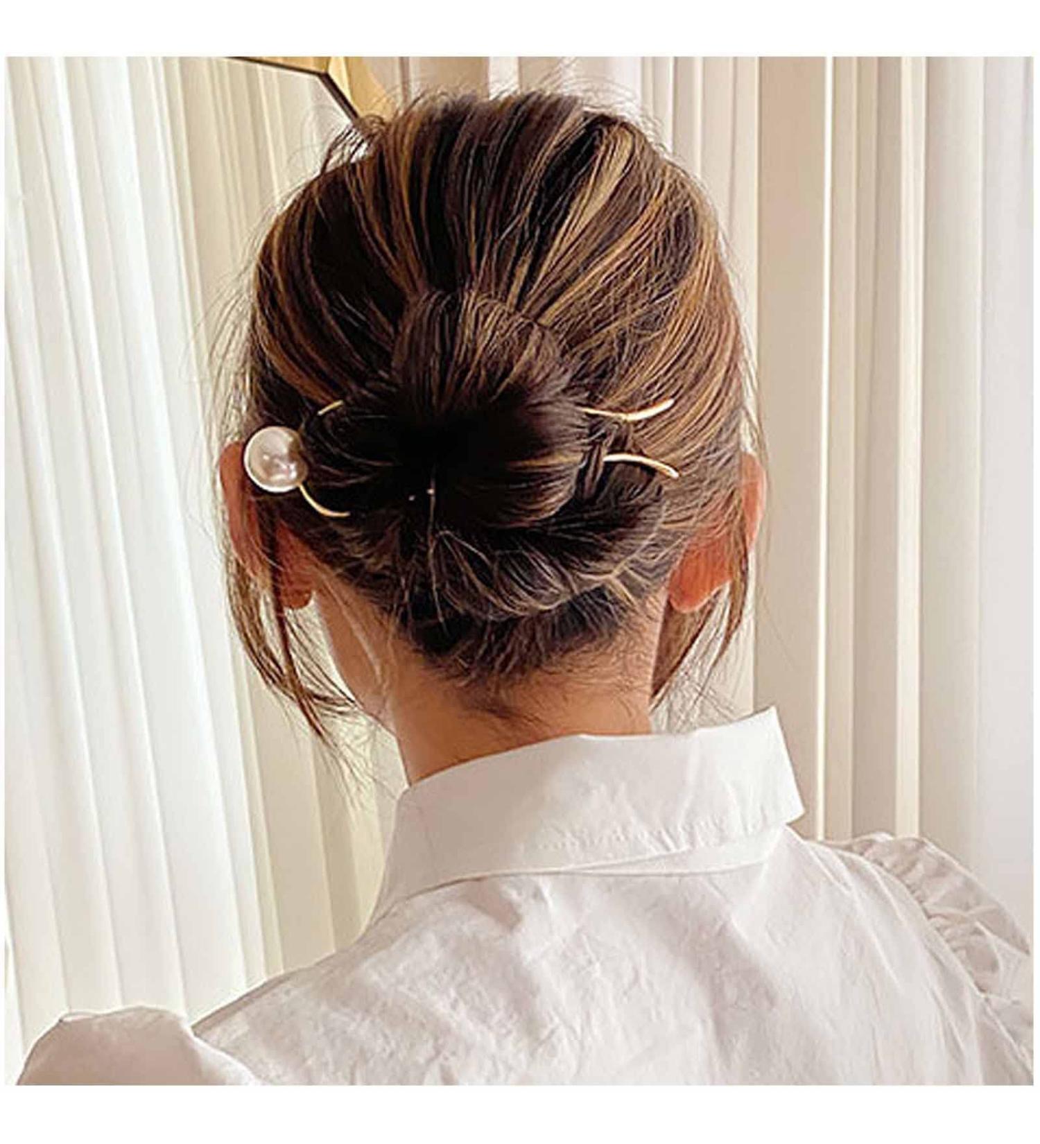 Yheakne Vintage Pearl Hair Clip - Gold Brass U-Shape Hairpin & Dutt Holder for Women & Girls - Buy Online on GoSupps.com