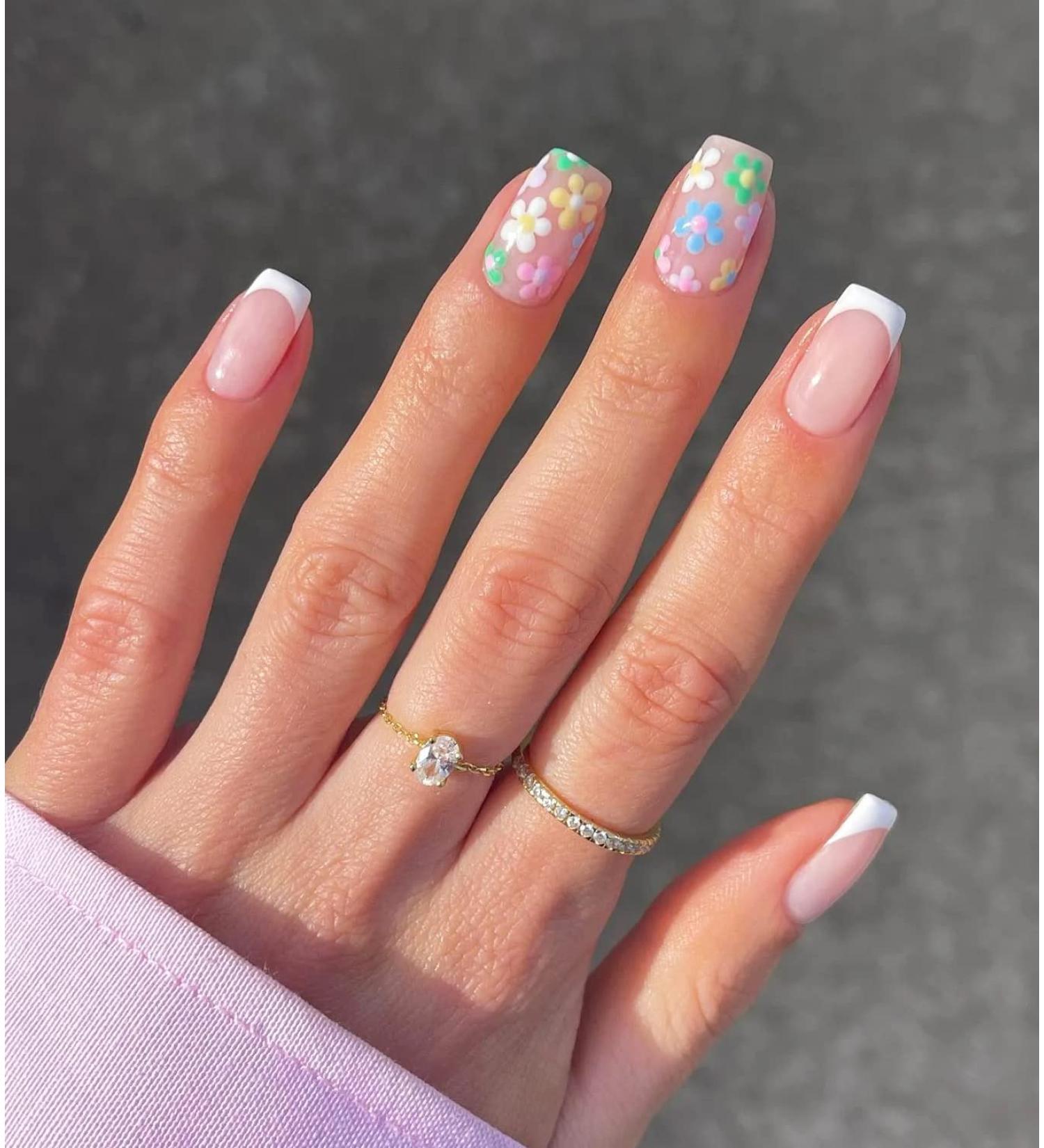 24 Pcs Pink Flower French Acrylic Press on Nails for Women | Short/Medium Glue on Fake Nails with Glue - Buy Online on GoSupps.com