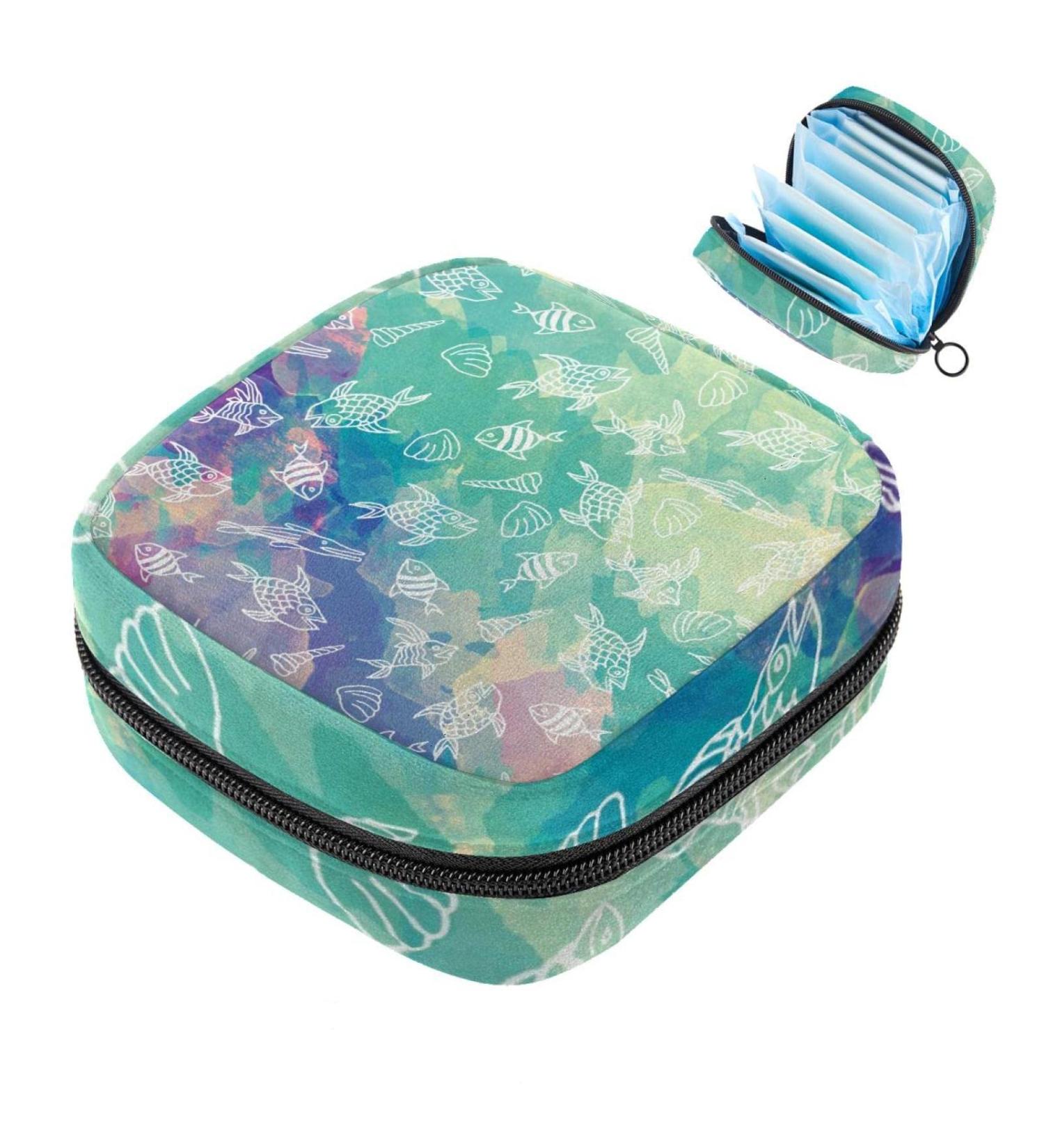 Menstruation Pad Bag with Zipper | Women's Tampon & Napkin Collection Bag in Green & Purple Watercolor Fish Pattern - Buy Online on GoSupps.com