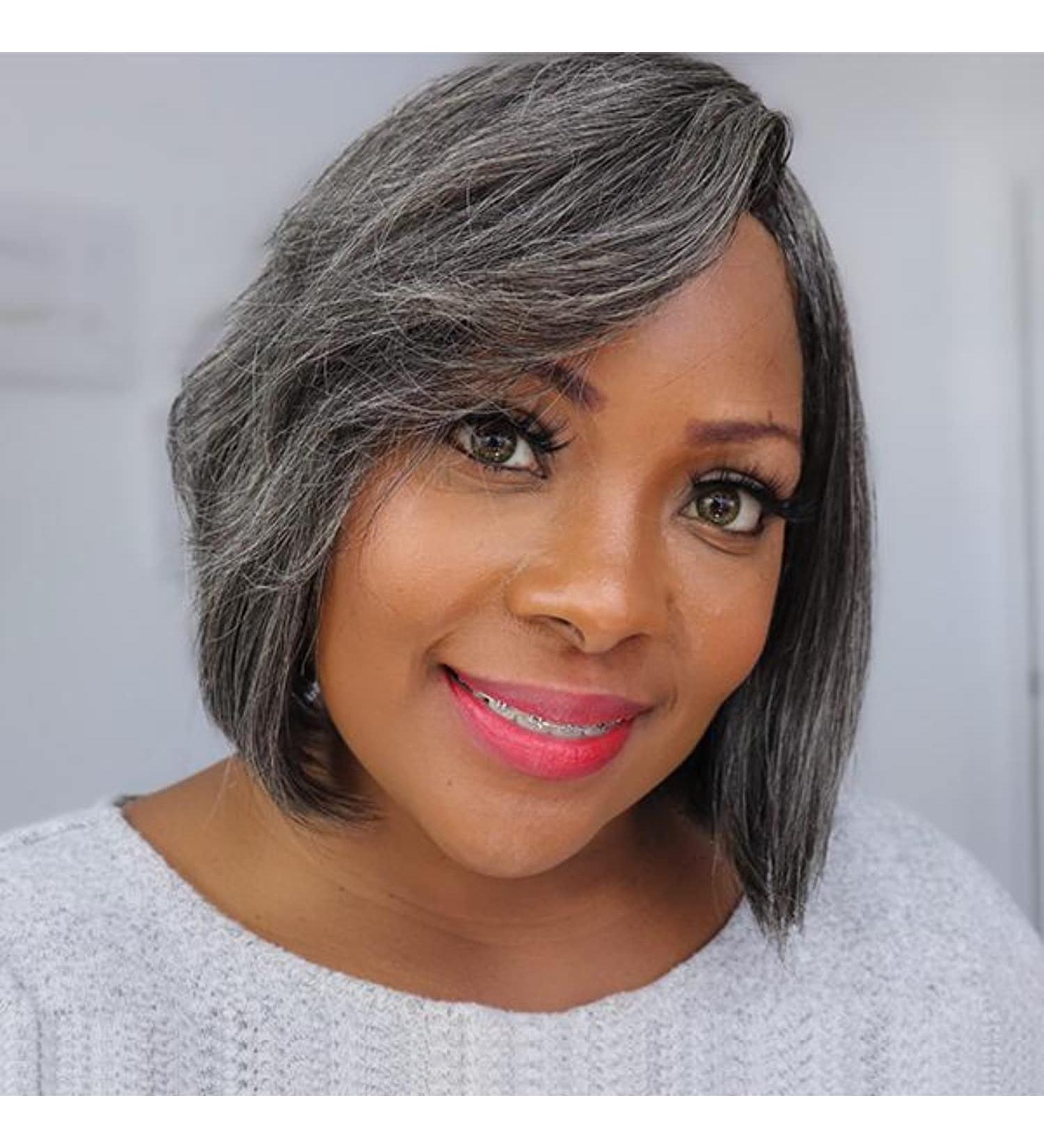 LuvMe Hair Black Grey Bob Wig with Bangs 8 Inch 150% Density Human Hair Wig - Buy Online on GoSupps.com