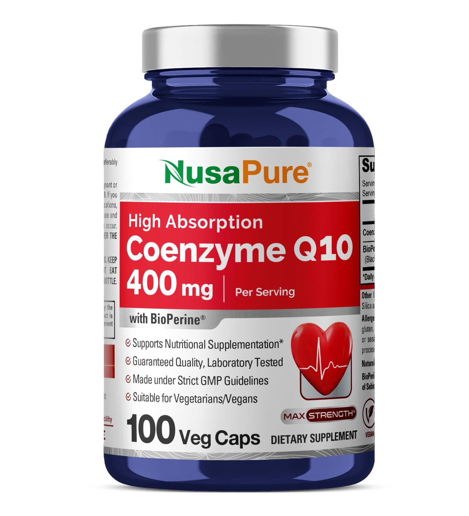 NusaPure CoQ10 400mg 100 Veggie Caps (Vegan Non-GMO) Coenzyme Q10 Supplement Antioxidant COQ-10 Enzyme Coq 10 100 Count (Pack of 1) - Buy Online on GoSupps.com
