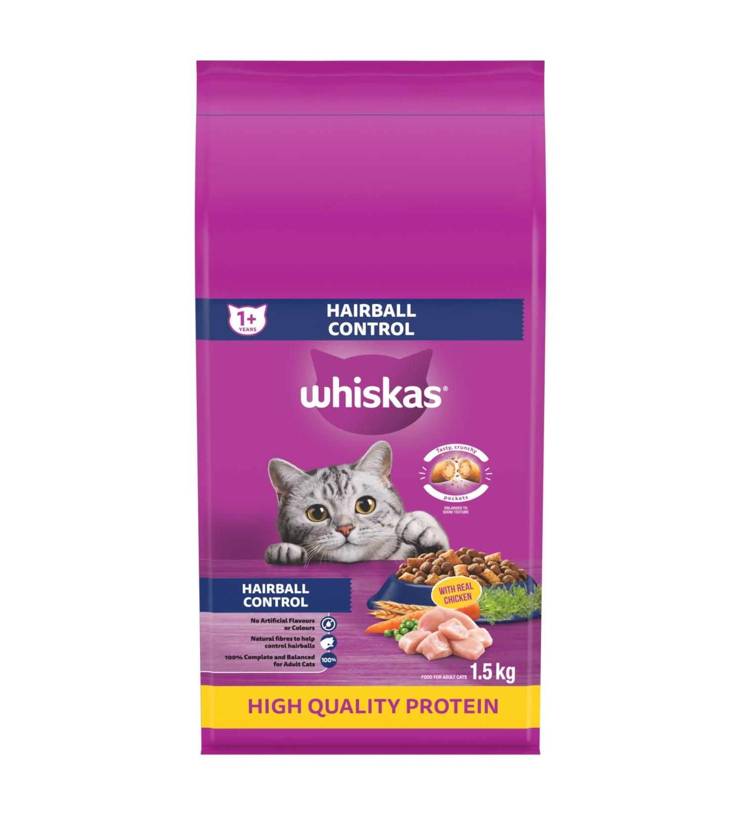 WHISKAS Adult Dry Cat Food - Hairball Control With Real Chicken 1.5kg bag - Buy Online on GoSupps.com
