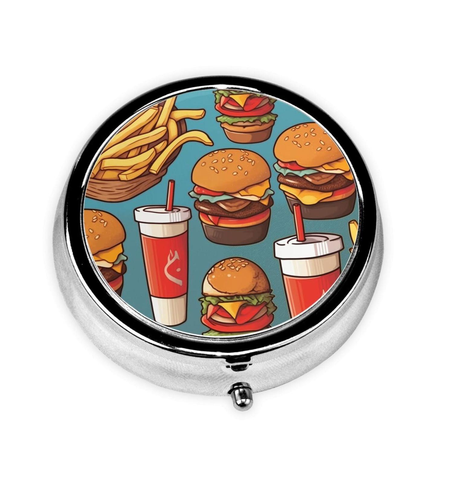 Portable Metal Pill Box - Burgers & Fries Design 3-Compartment Mini Case for Travel Ideal for Small Pills - Buy Online on GoSupps.com