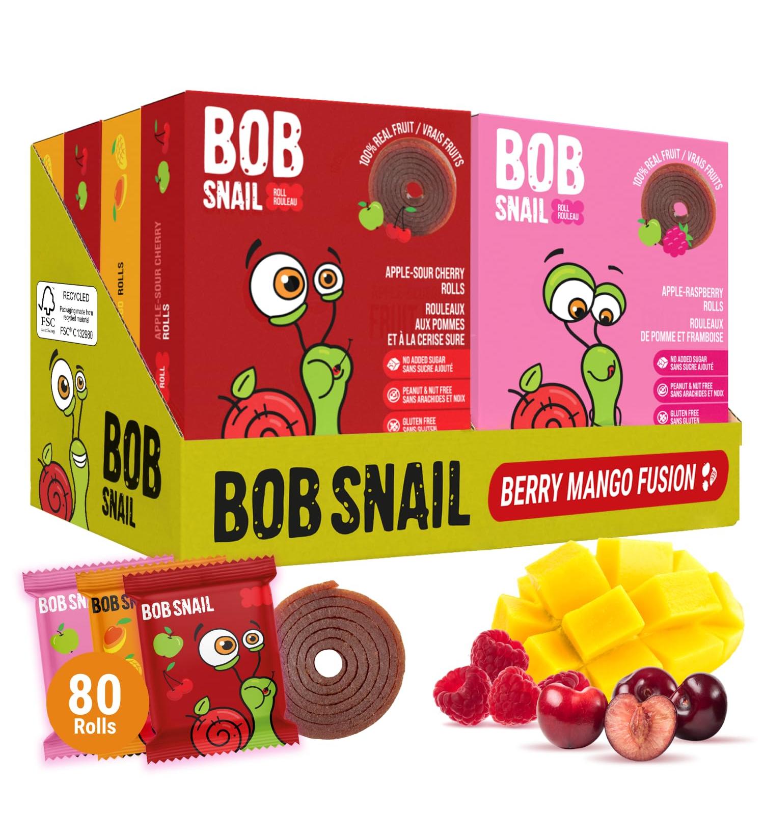 Bob Snail Healthy Snacks Sweet & Sour Family Pack - Fruit Rolls with Mango Raspberry & Cherry Candy box Fruit Snacks All Natural Healthy Snacks for kids No Added Sugar 80 pcs Pack / 800 gram candy bulk Mango Raspberry Cherry - Buy Online on GoSupps.com