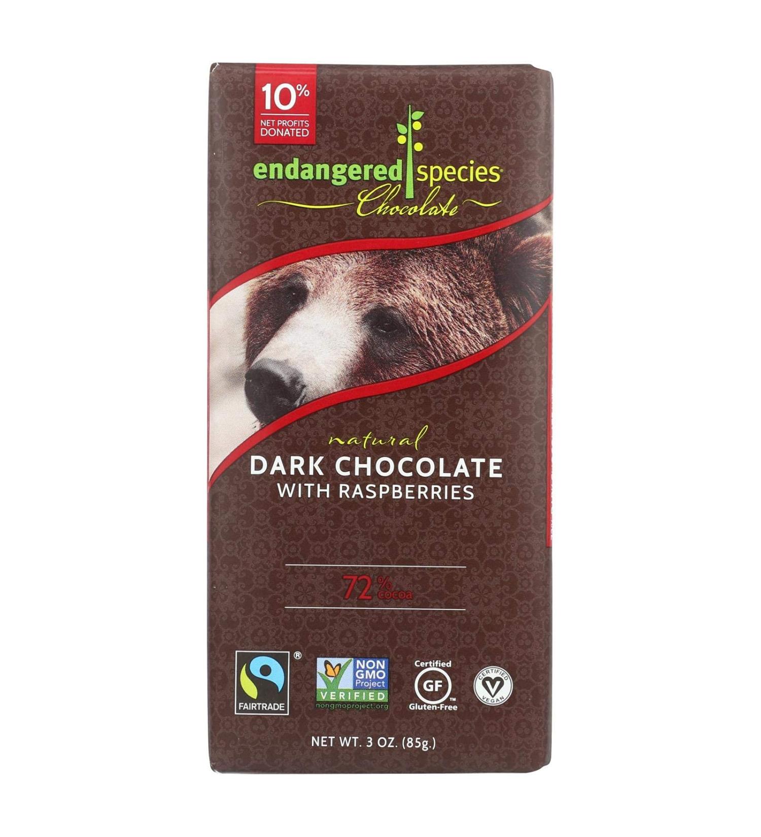 Endangered Species Chocolate Tart Raspberries + Dark Chocolate Bar 72% Cocoa 3 oz (85 g)