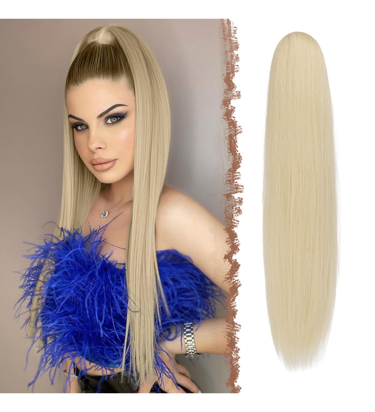 Fine Ponytail Extensions - 60 cm Light Blonde Drawstring Synthetic Braid for Women - Long Straight Smooth Hair - Buy Online on GoSupps.com