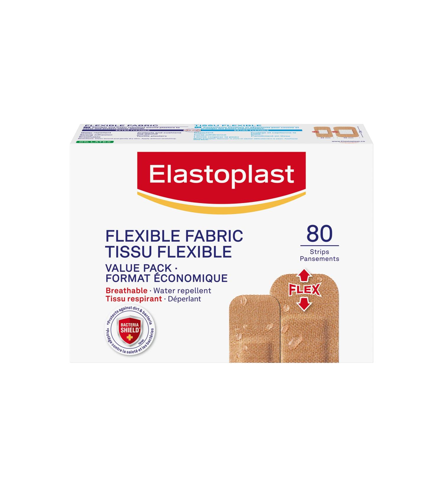 Elastoplast Flexible Fabric Bandages Value Pack | 80 Strips beige | Extra Flexible | Adapts to all your movements | Strong Adhesion | Breathable Material | Water-repellent | Bacteria Shield - Buy Online on GoSupps.com