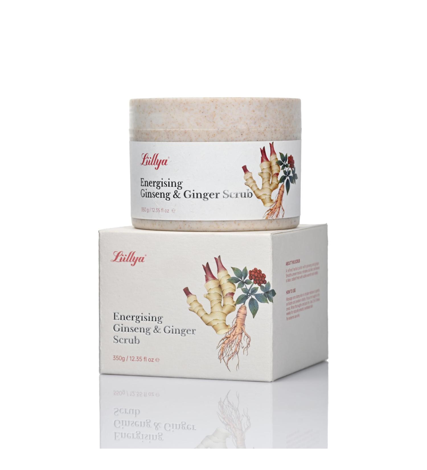 Liillya Body Scrub Natural Sea Salt Exfoliator with Olive & Coconut Oils Revitalising Herbal Formula for Smooth Radiant Skin Vegan & Eco-Friendly 350g (Ginseng & Ginger)
