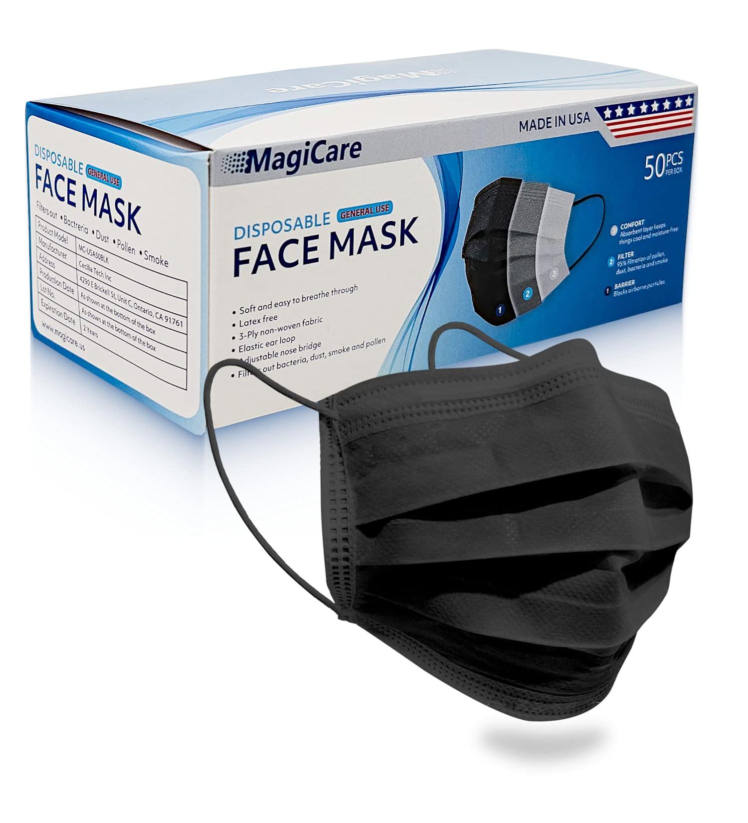 MagiCare Black Disposable Face Masks Made in USA - 50ct Box | Premium 3 Ply for Adults - Soft, Breathable & Comfortable - Buy Online on GoSupps.com